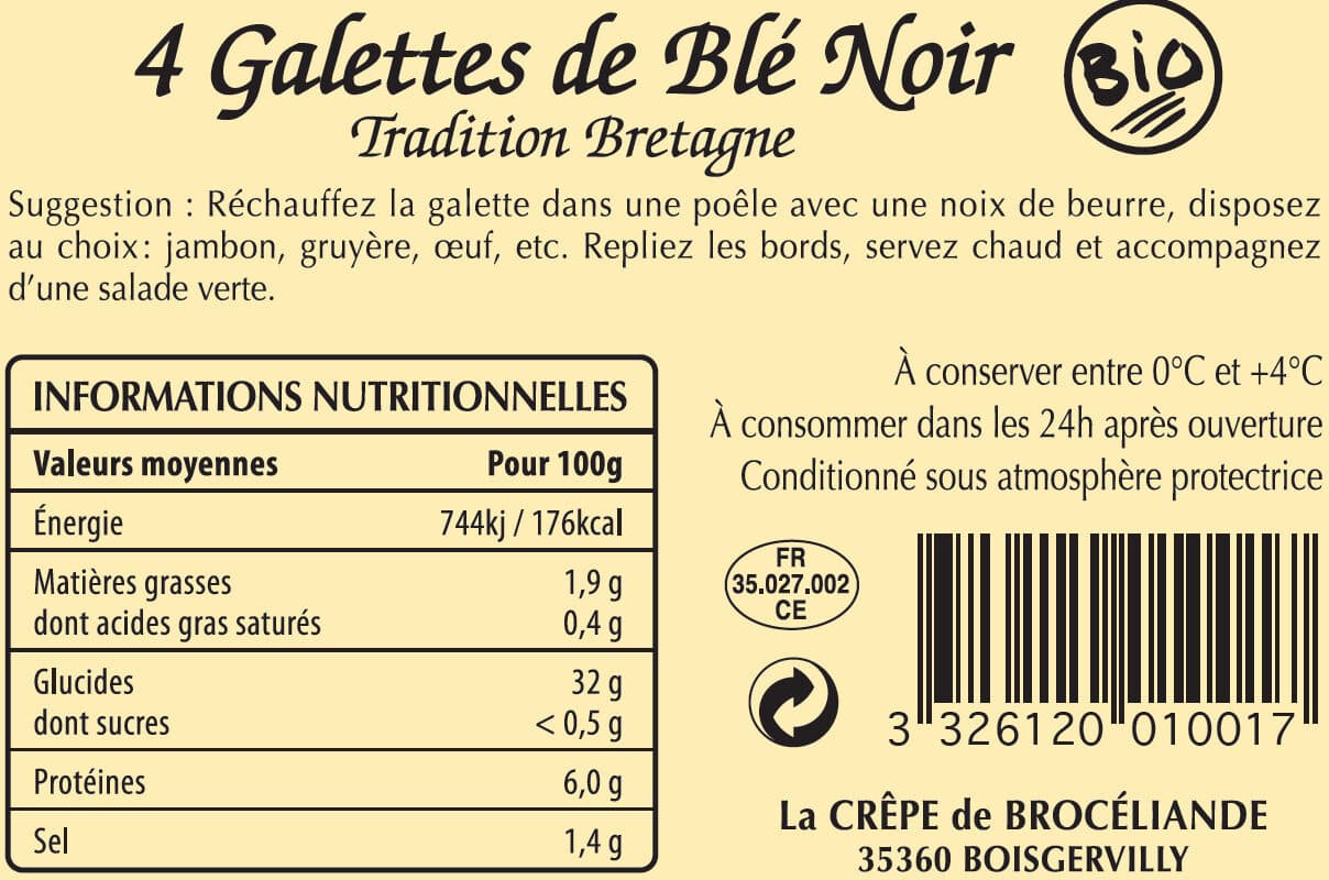 La CRÊPE de BROCÉLIANDE 4 Galettes de Blé Noir Biologiques Tradition Bretagne en sachet packshot