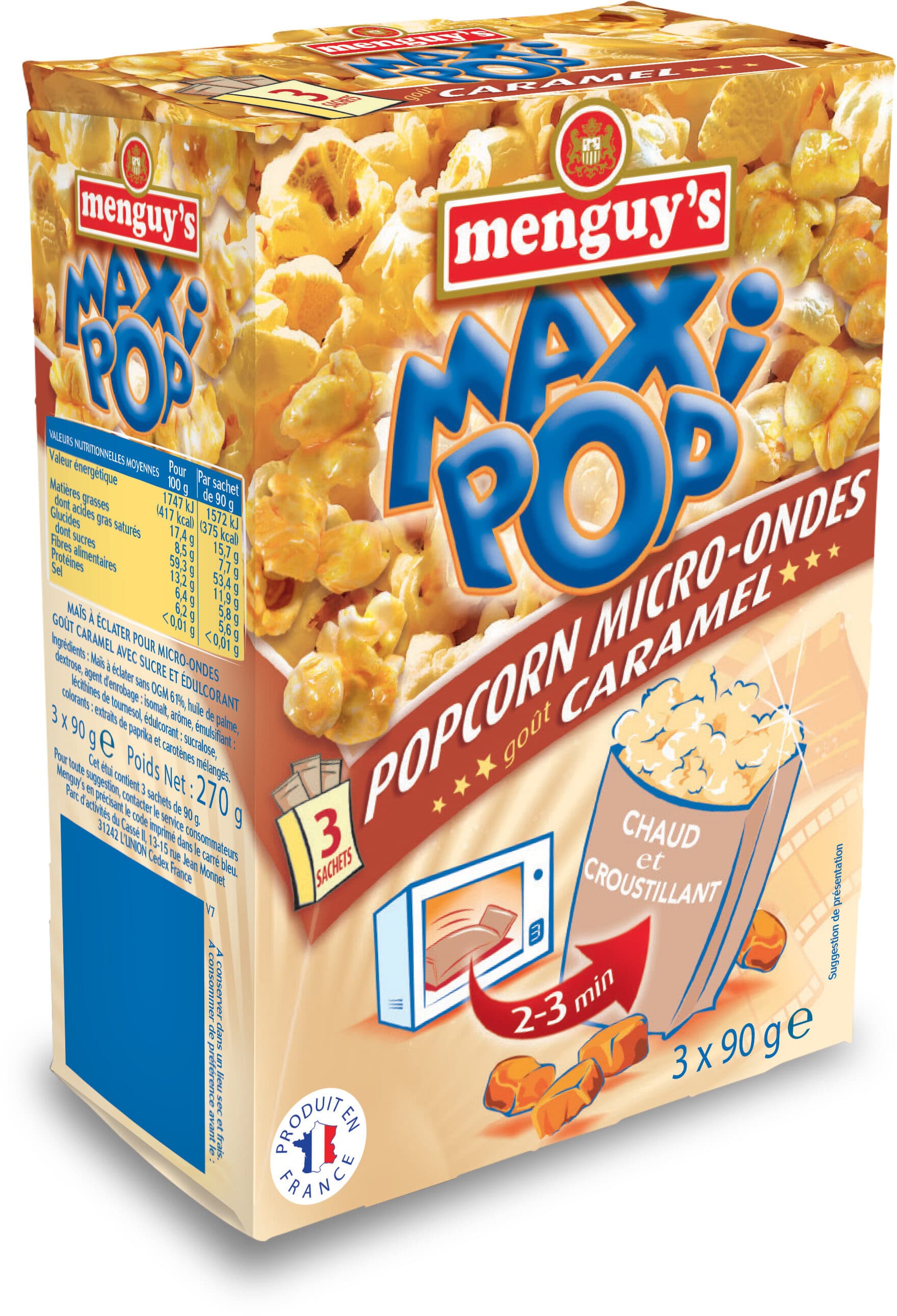 Maxi Pop Pop corn micro-ondes goût caramel 3x90g packshot