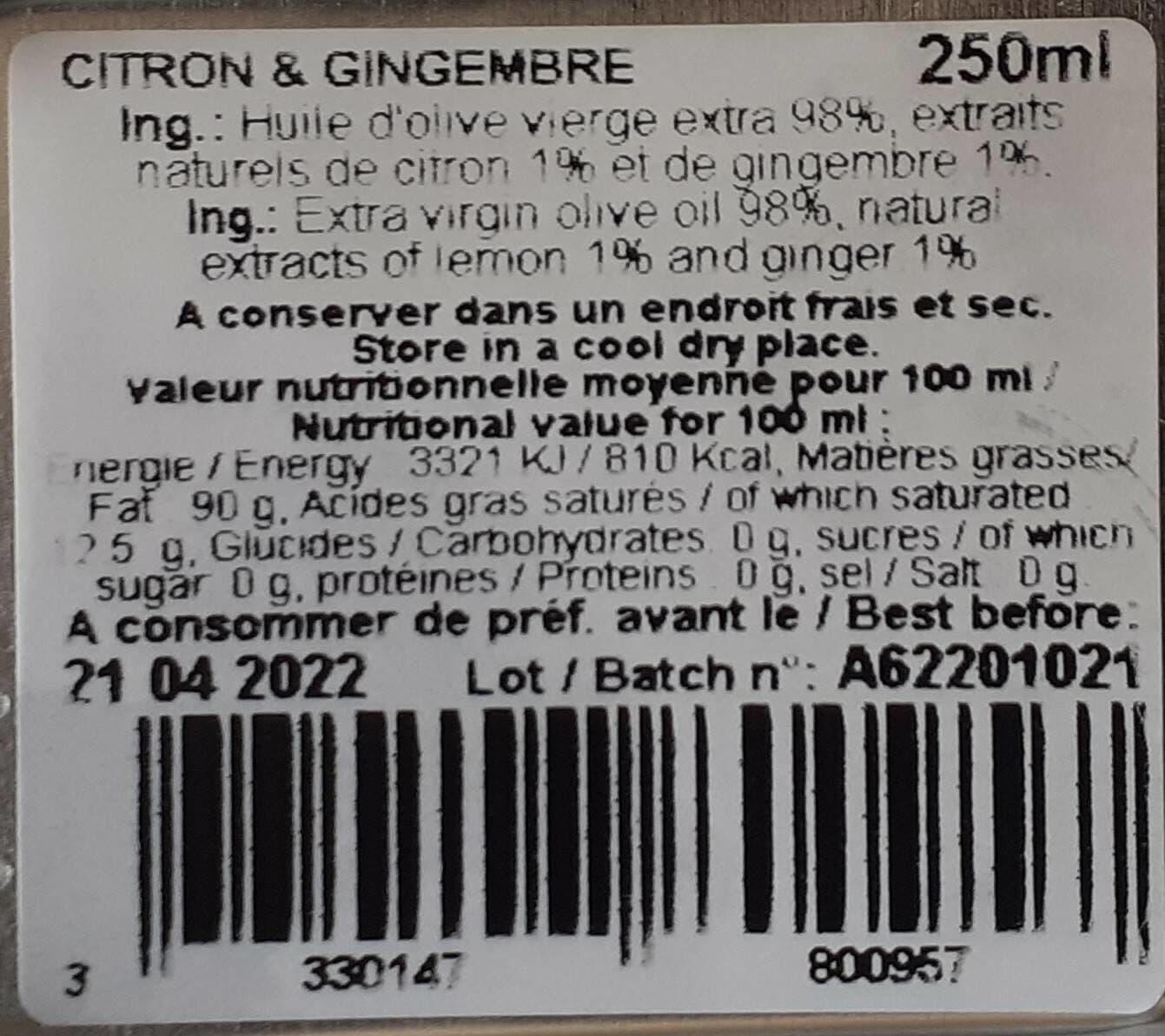 A l olivier Bid. Groen Olijfol. Citroen / Gember packshot