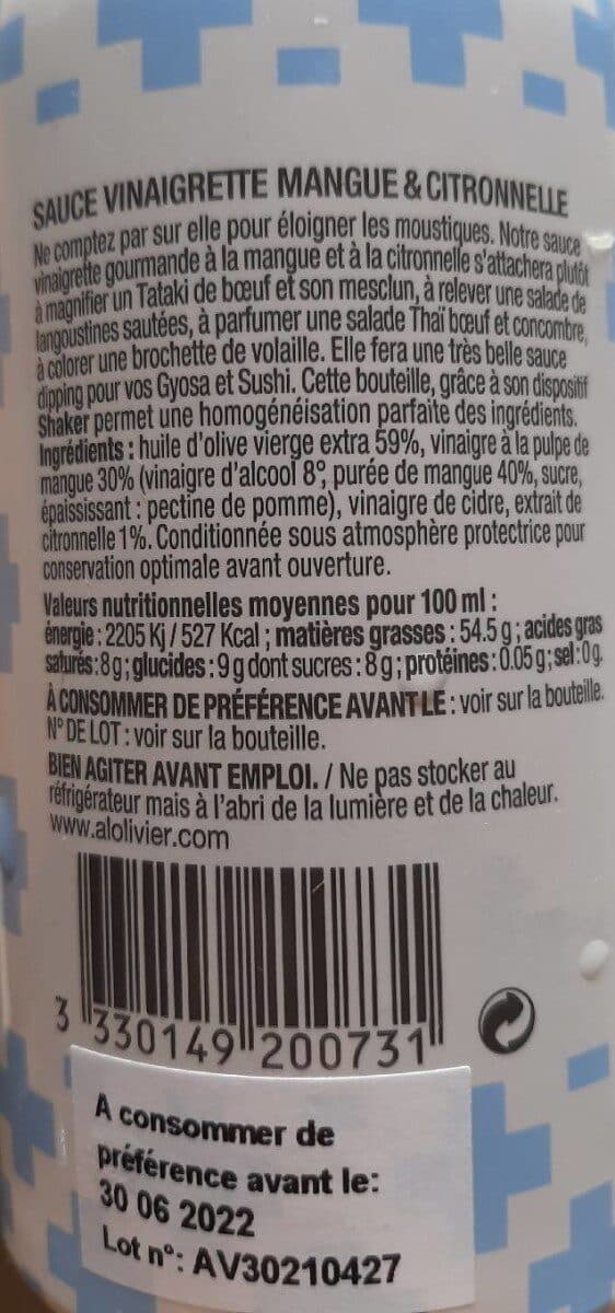 Open Food Facts SAUCE VINAIGRETTE MANGUE ET CITRONNELLE packshot