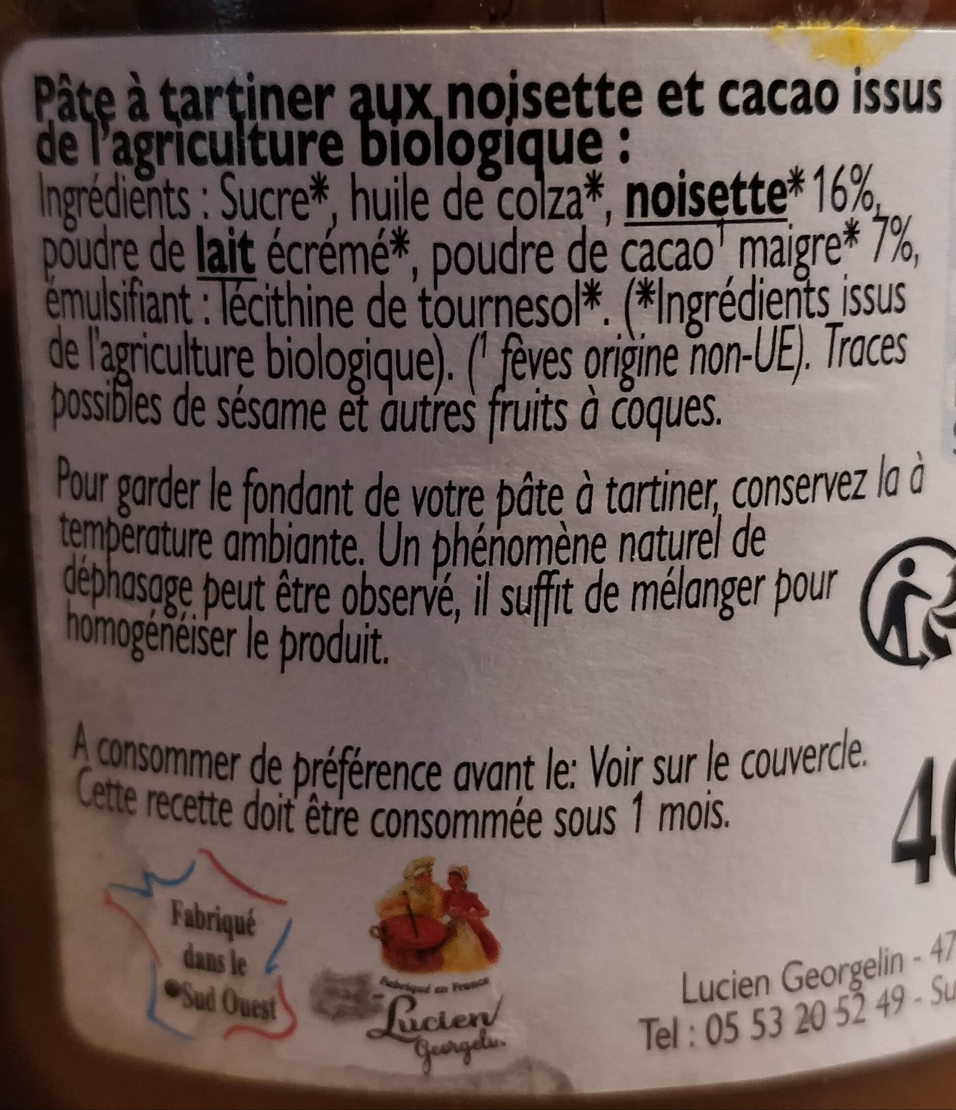 Lucien Georgelin Pâte à tartiner bio noisette cacao packshot