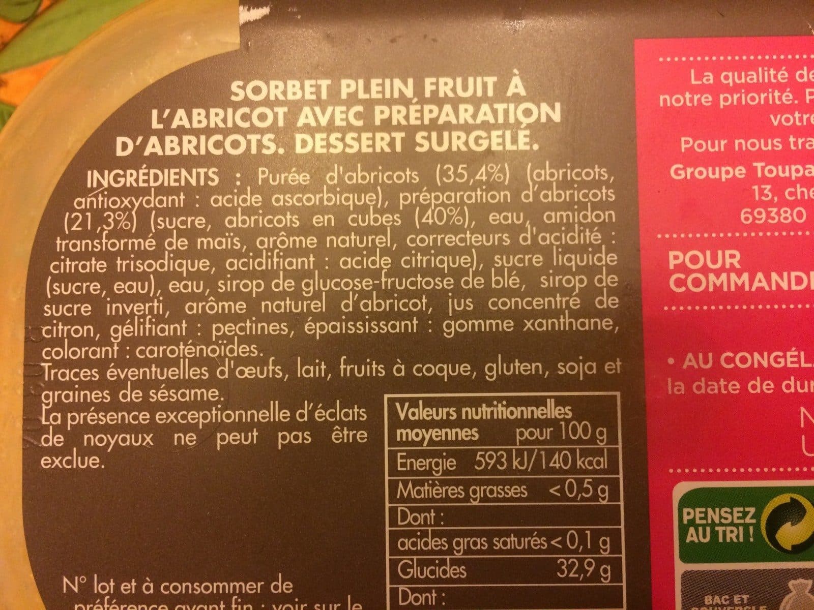 Toupargel Sorbet plein fruit abricot packshot