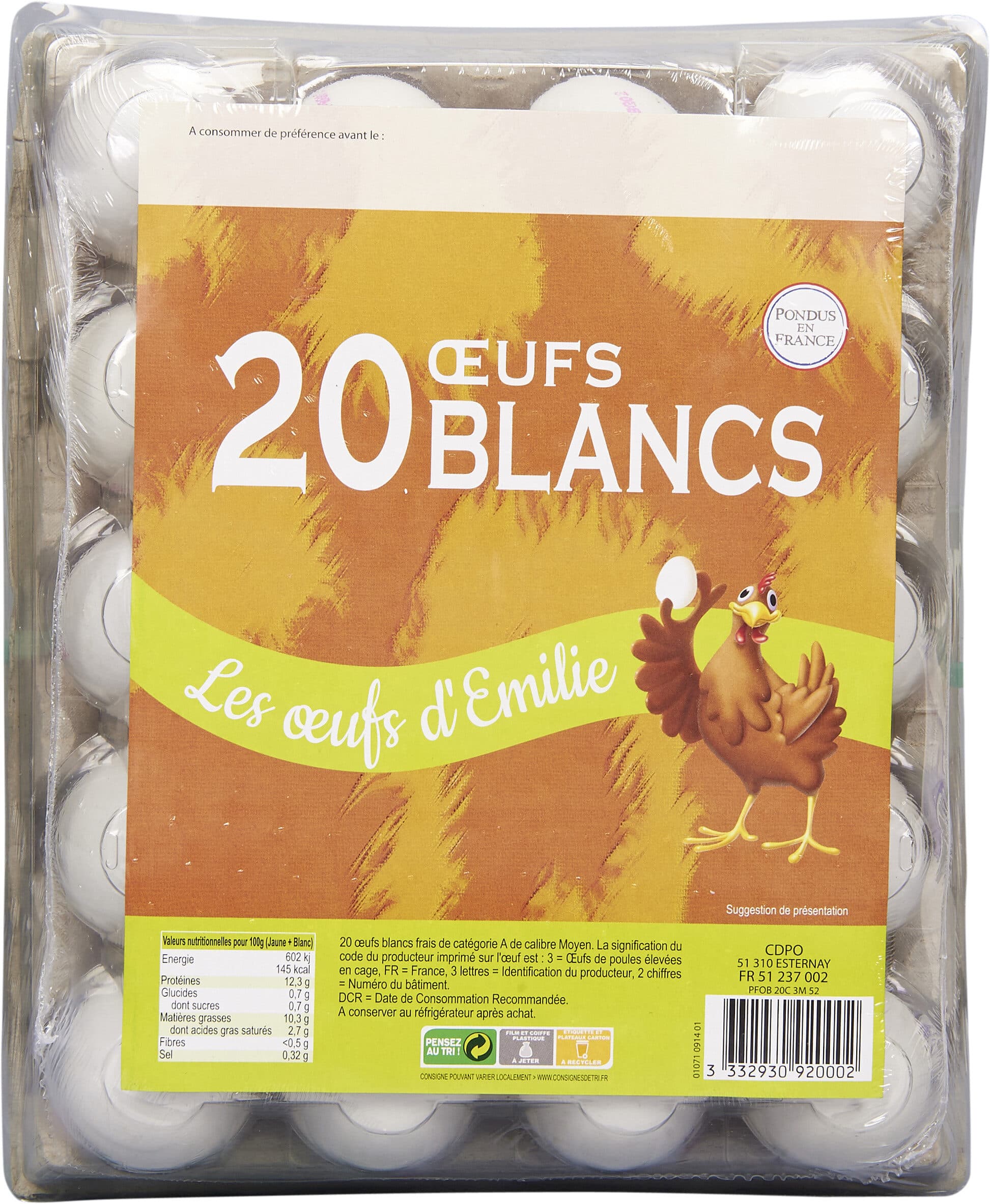 Les Oeufs D’emilie Oeufs Blancs X20 Calibre M 53 / 63 packshot