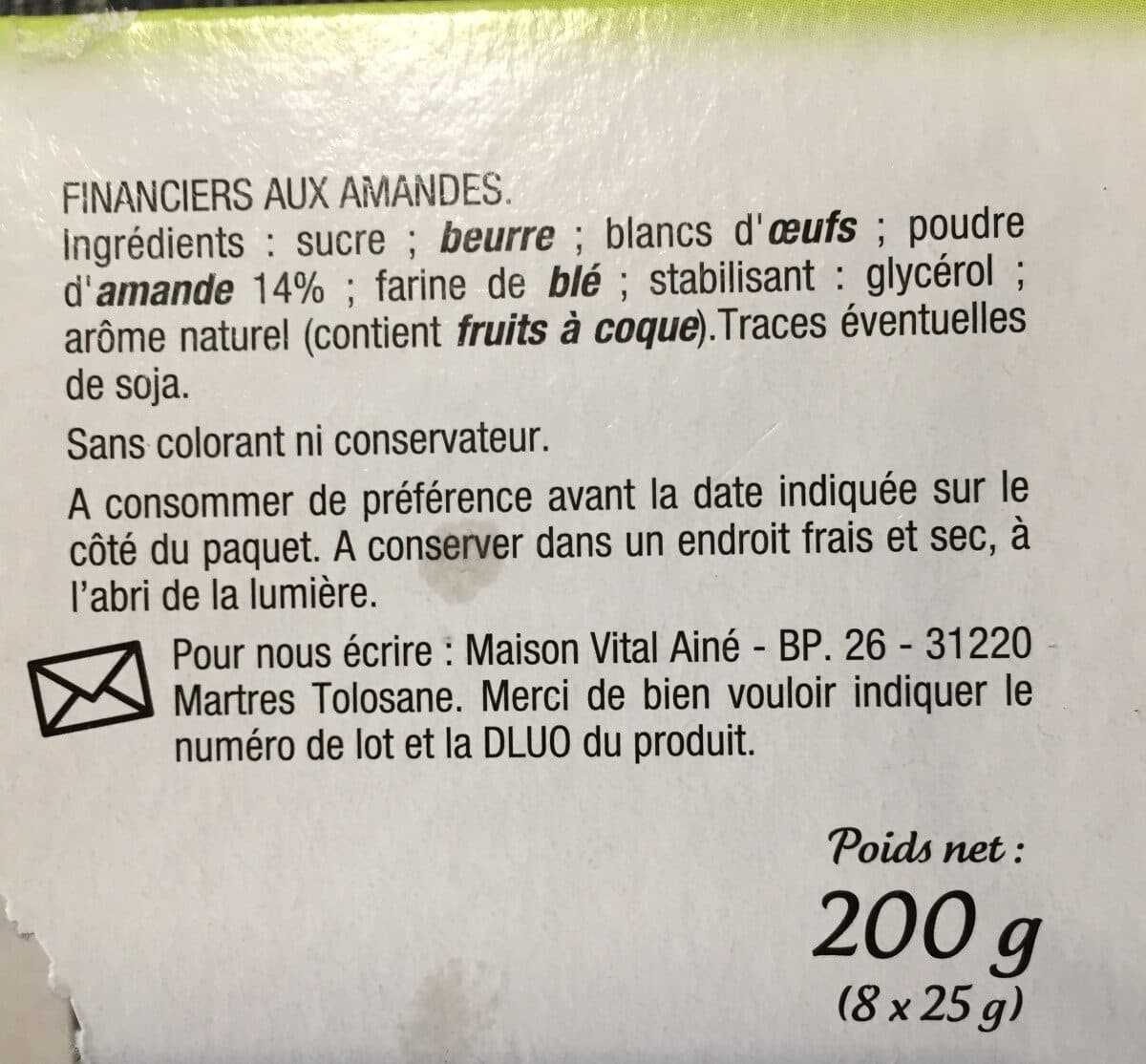 Maison Vital Ainé Financiers aux amandes packshot