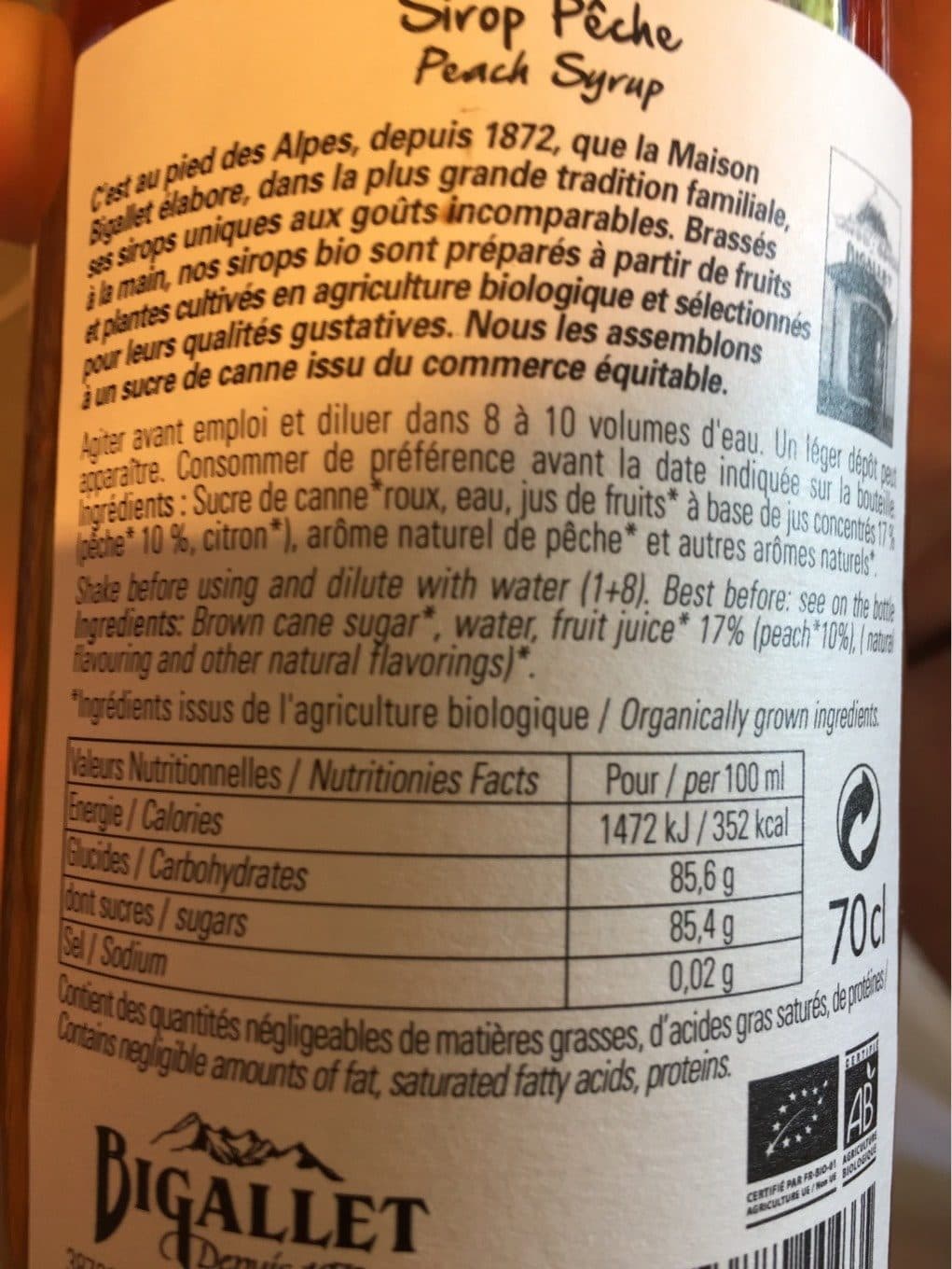 Bigallet sirop de pêche bio packshot