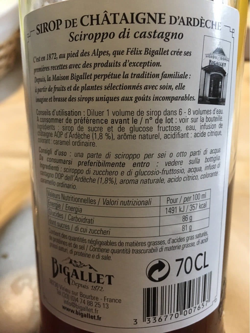 Bigallet Sirop de châtaigne packshot