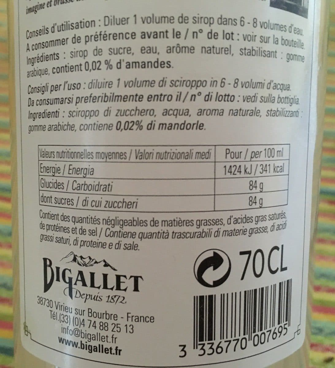 Bigallet : sirop d' orgeat packshot