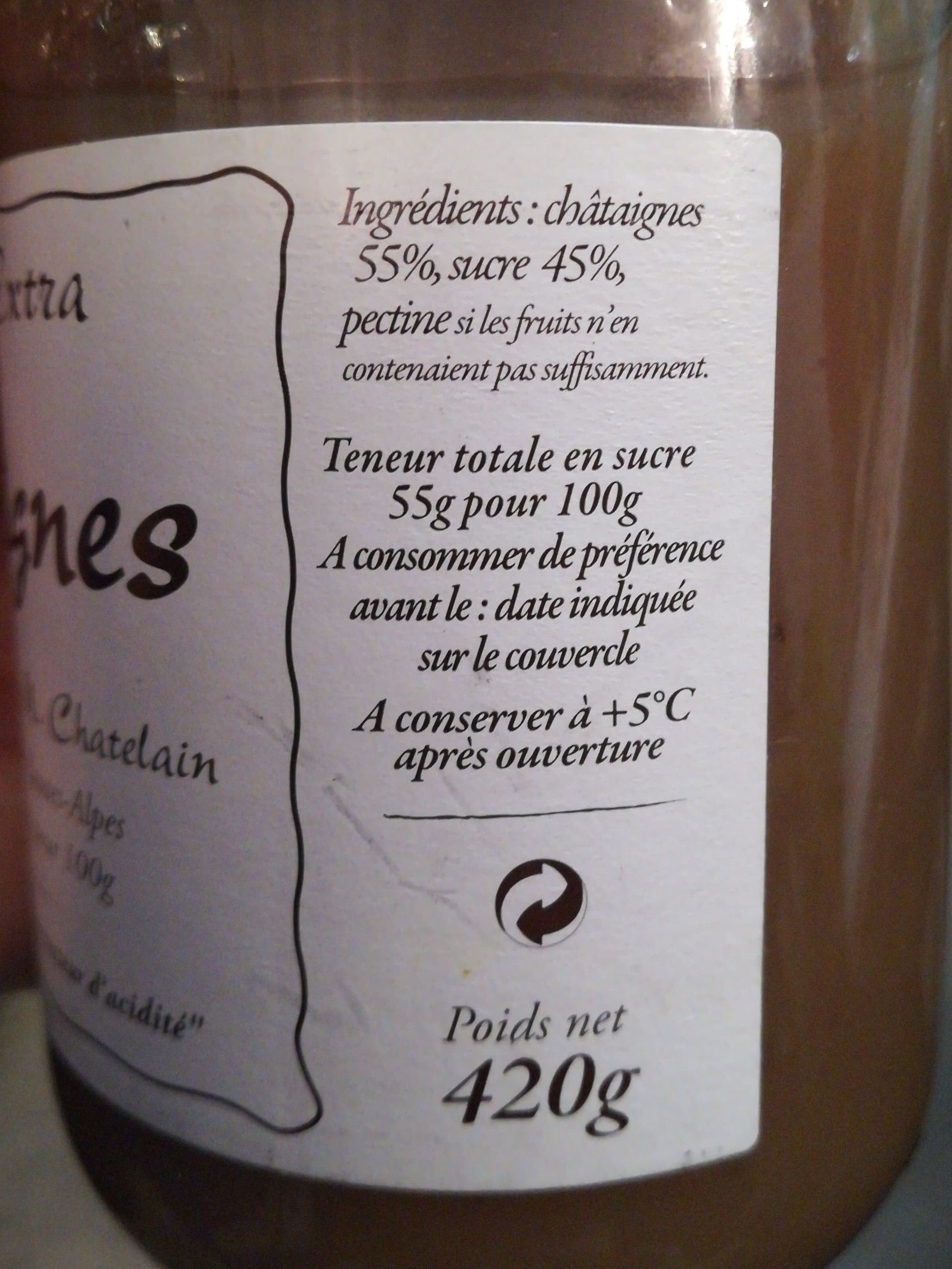 Fabrication Artisanale J.M. Chatelain Confiture Extra châtaignes packshot