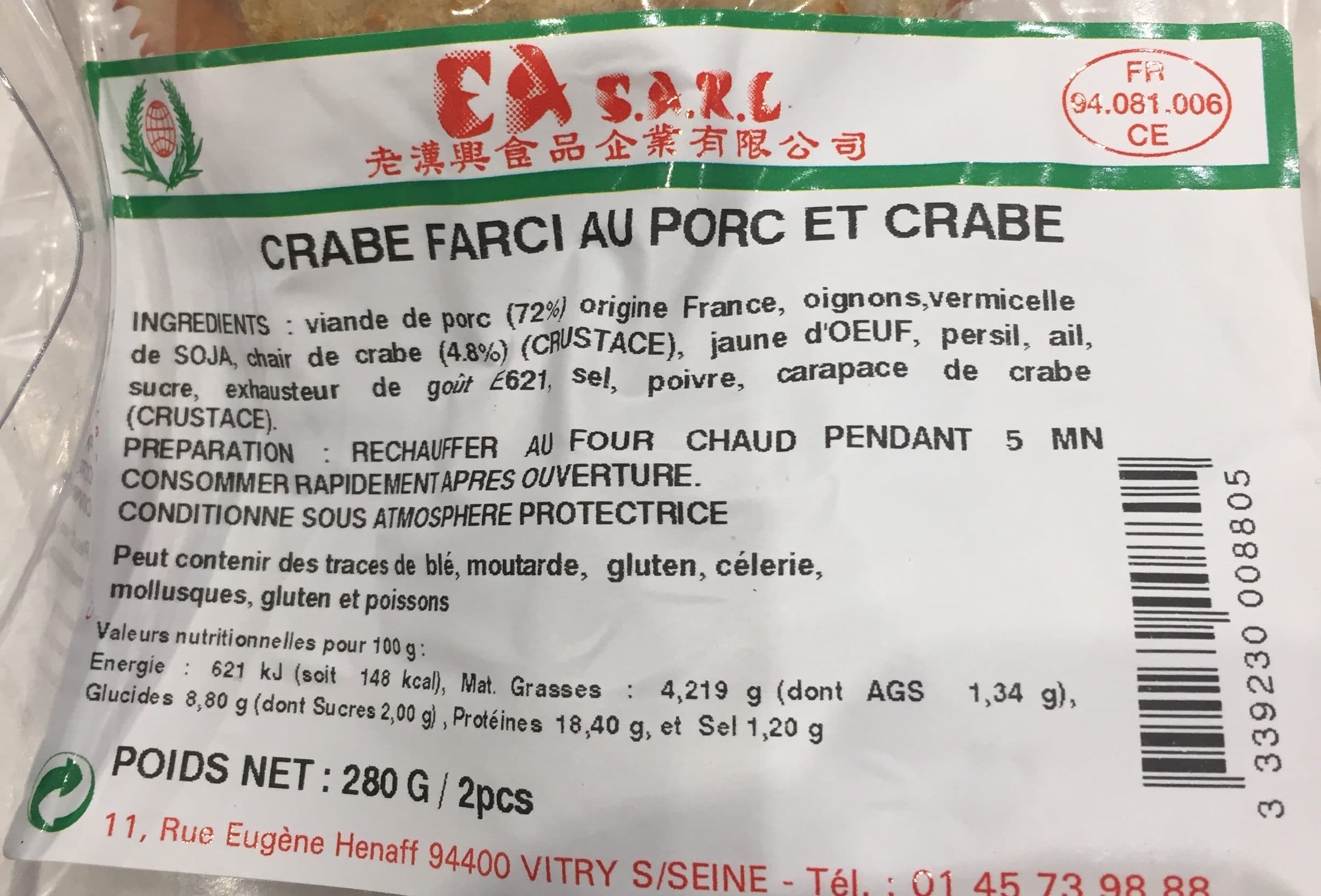 EA Sarl (Paris Store) Crabes Farcis Au Porc 280G packshot