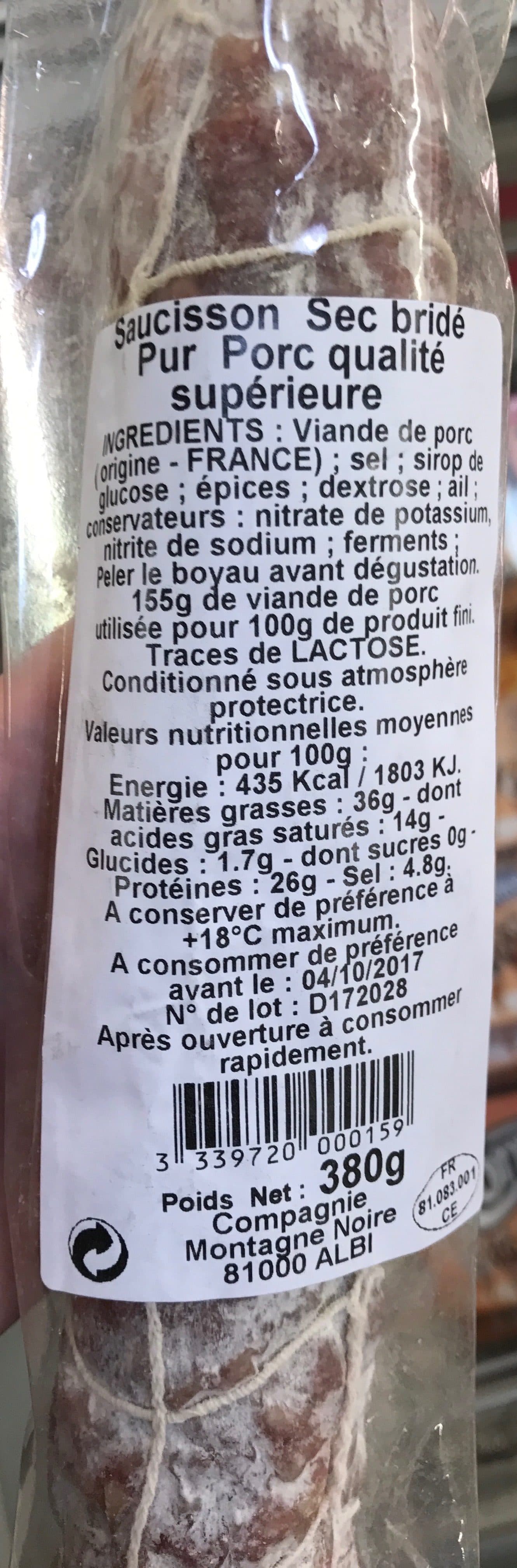 Montagne Noire Saucisson sec bridé Pur Porc qualité supérieure packshot