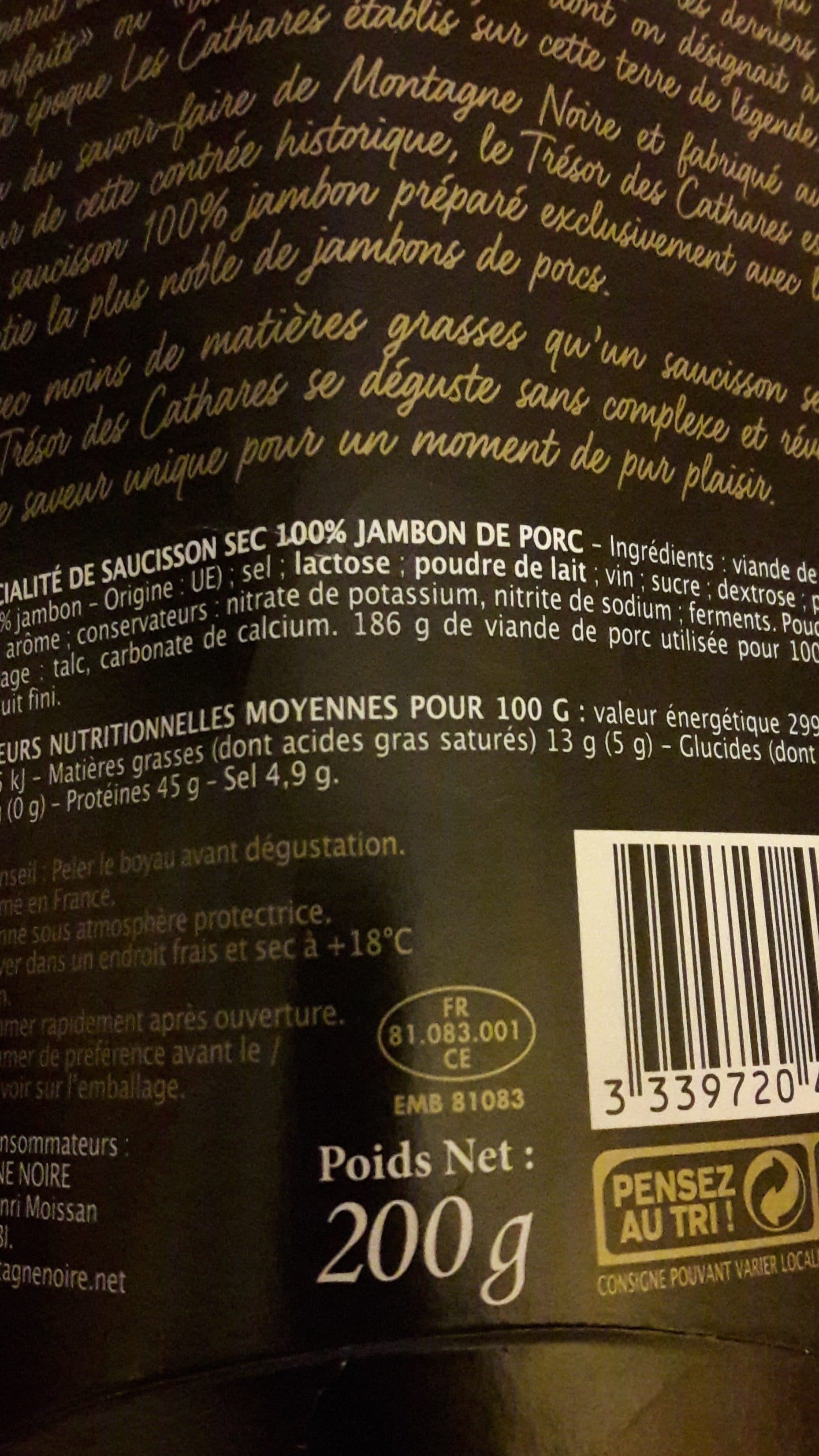 Montagne Noire Saucisson 100% jambon porc Sud Ouest MONTAGNE NOIRE, 200G packshot