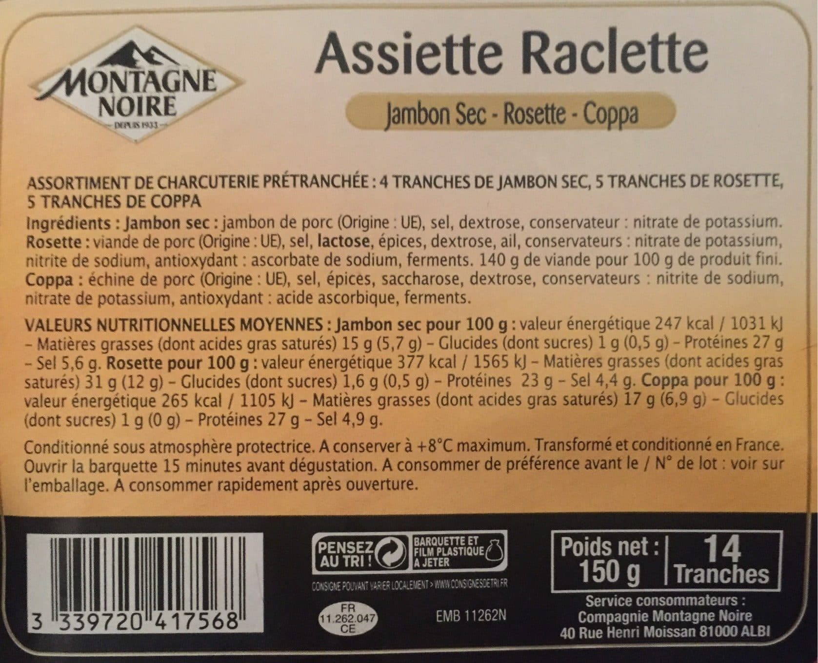 Montagne Noire Assiette Raclette Jambon sec-Rosette-Coppa packshot