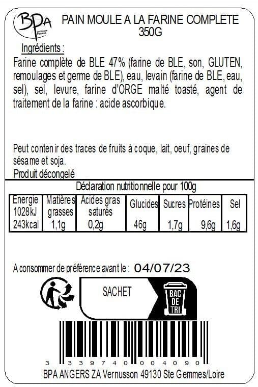 Bpa Pain à la farine complète 350g packshot