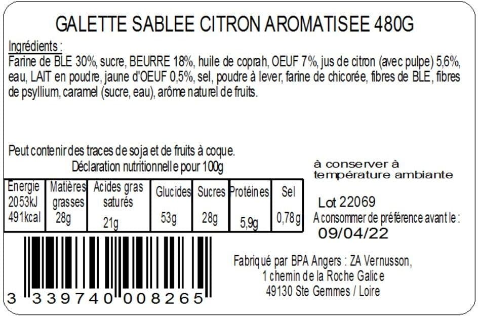 BPA La Galette Sablée Fourrage Citron 480g packshot