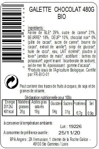 BPA La Galette Sablée fourrage Chocolat Bio 480g packshot