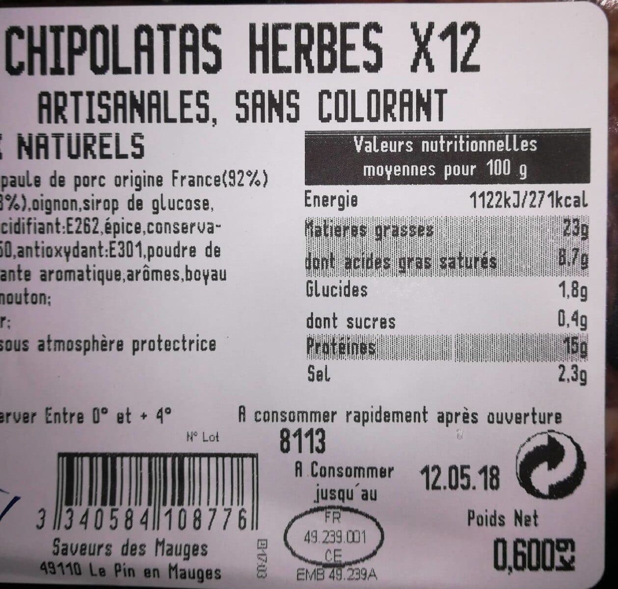 Saveurs des mauges Chipolatas aux herbes packshot