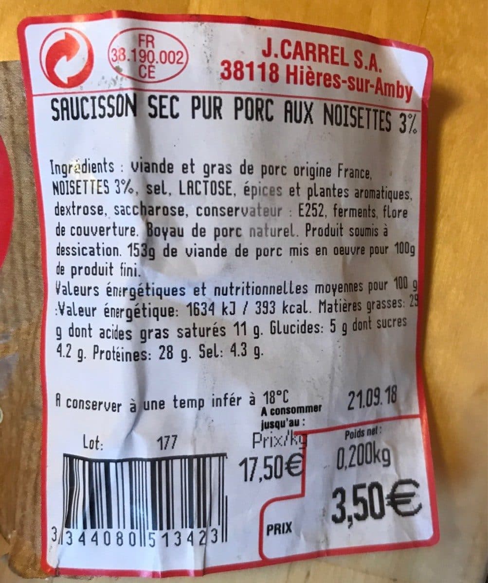 Open Food Facts Saucisson Sec pur porc noisettes packshot