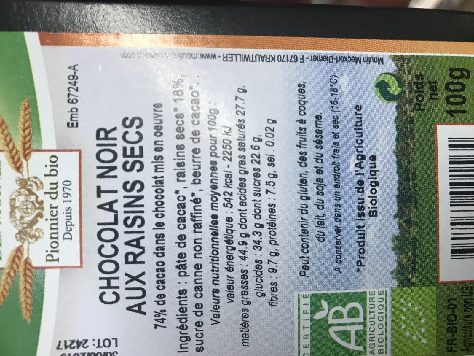 Moulin des Moines Chocolat noir aux raisins secs packshot