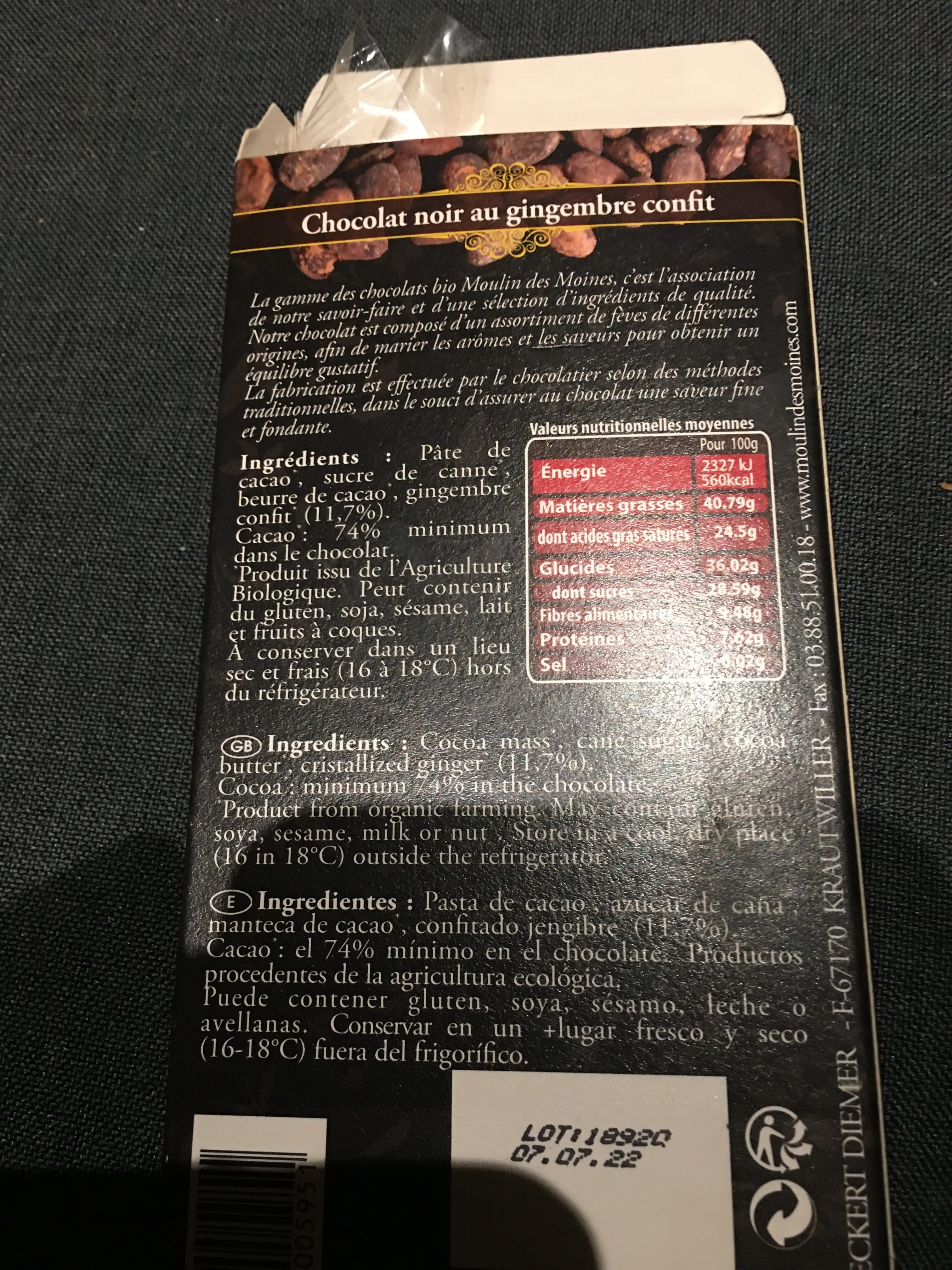 Moulin des Moines Chocolat Noir Et Gingembre packshot