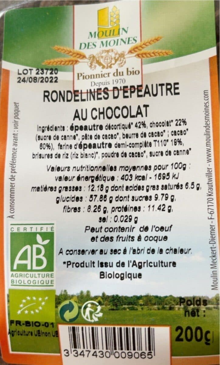 Moulin des moines Rondelines d'épeautre au chocolat (200gr) packshot