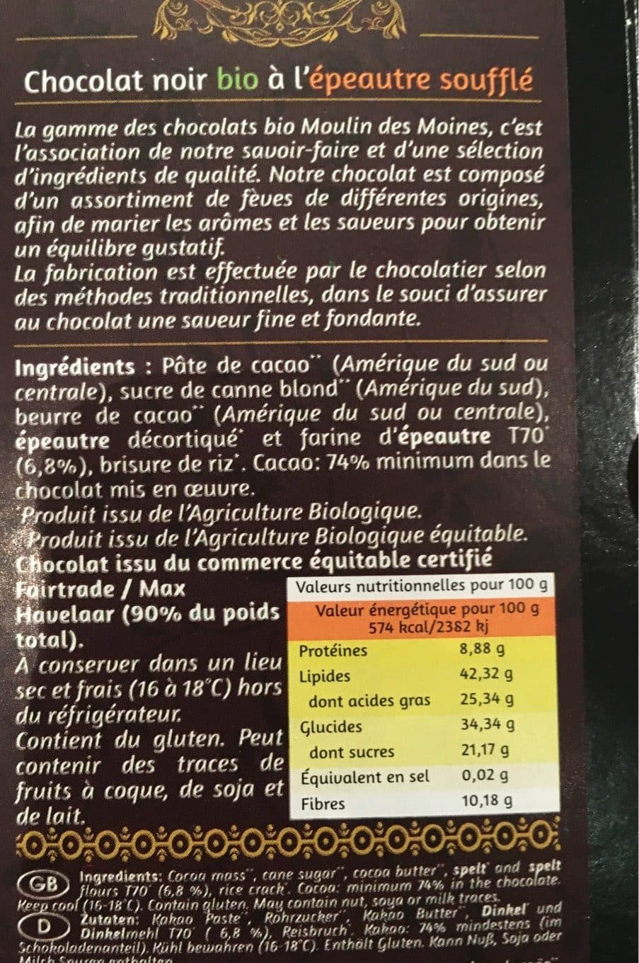 Moulin des moines Choc Noir Epeautre Bio Equitable Max Havellar packshot