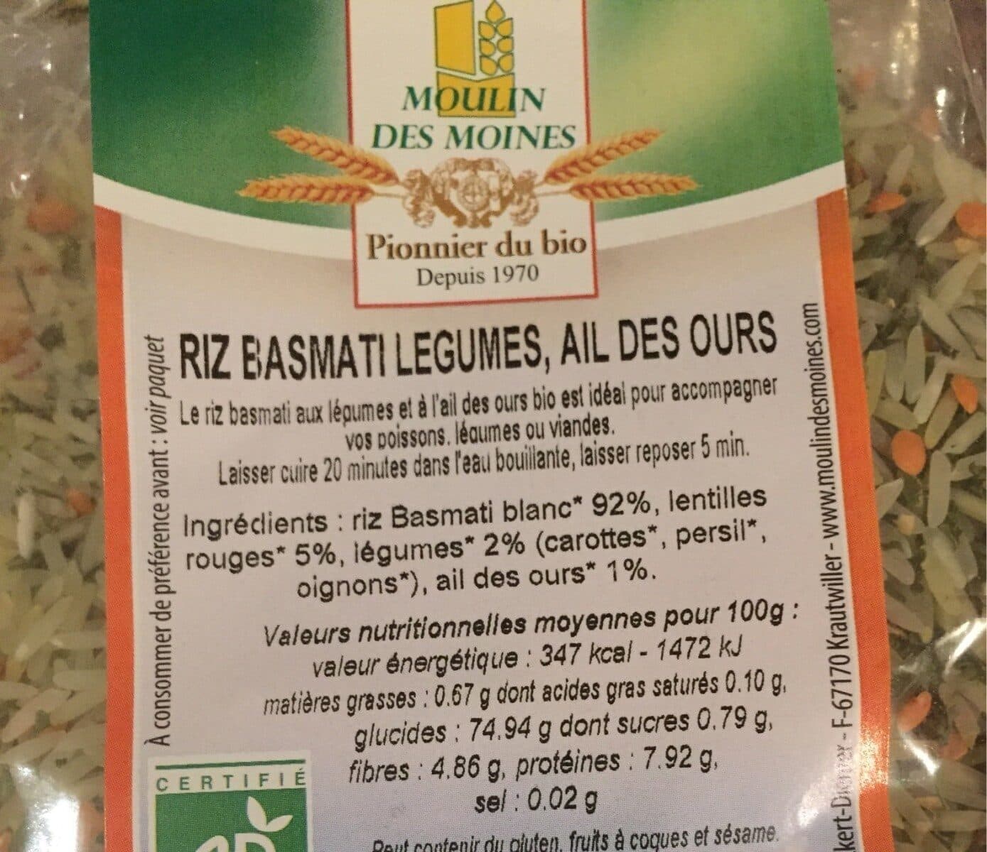Moulin des moines Riz basmati legumes, ail des ours packshot