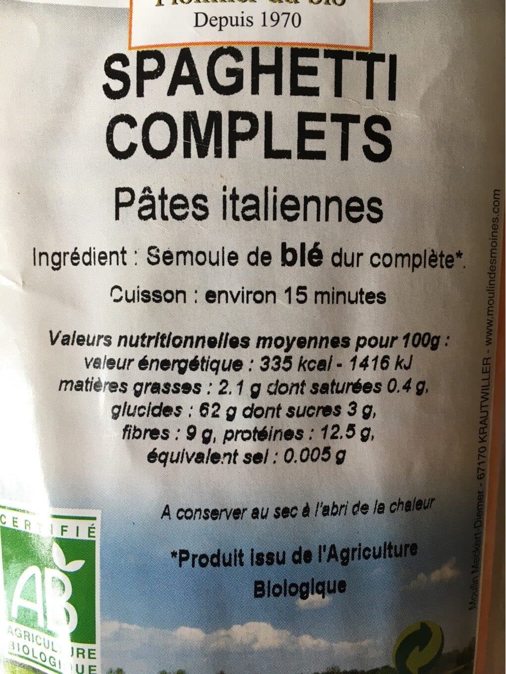 Moulin des moines Spaghetti complets bio NATURALINE packshot