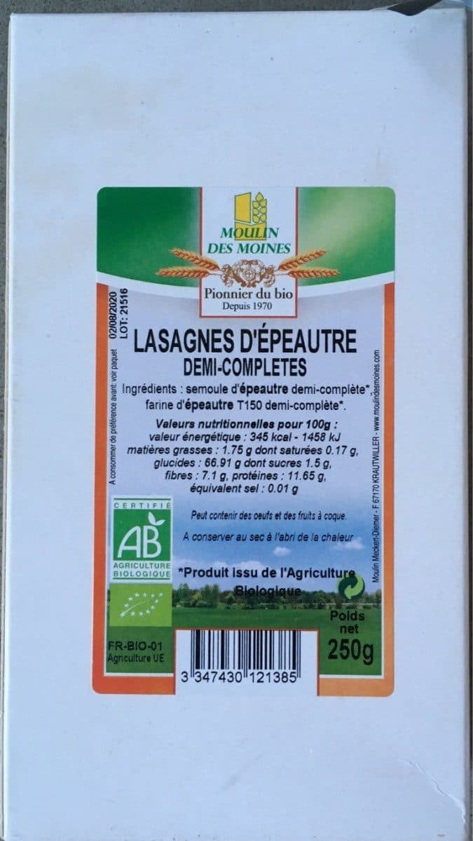 Moulin des Moines Lasagnes d'Épeautre T150 packshot