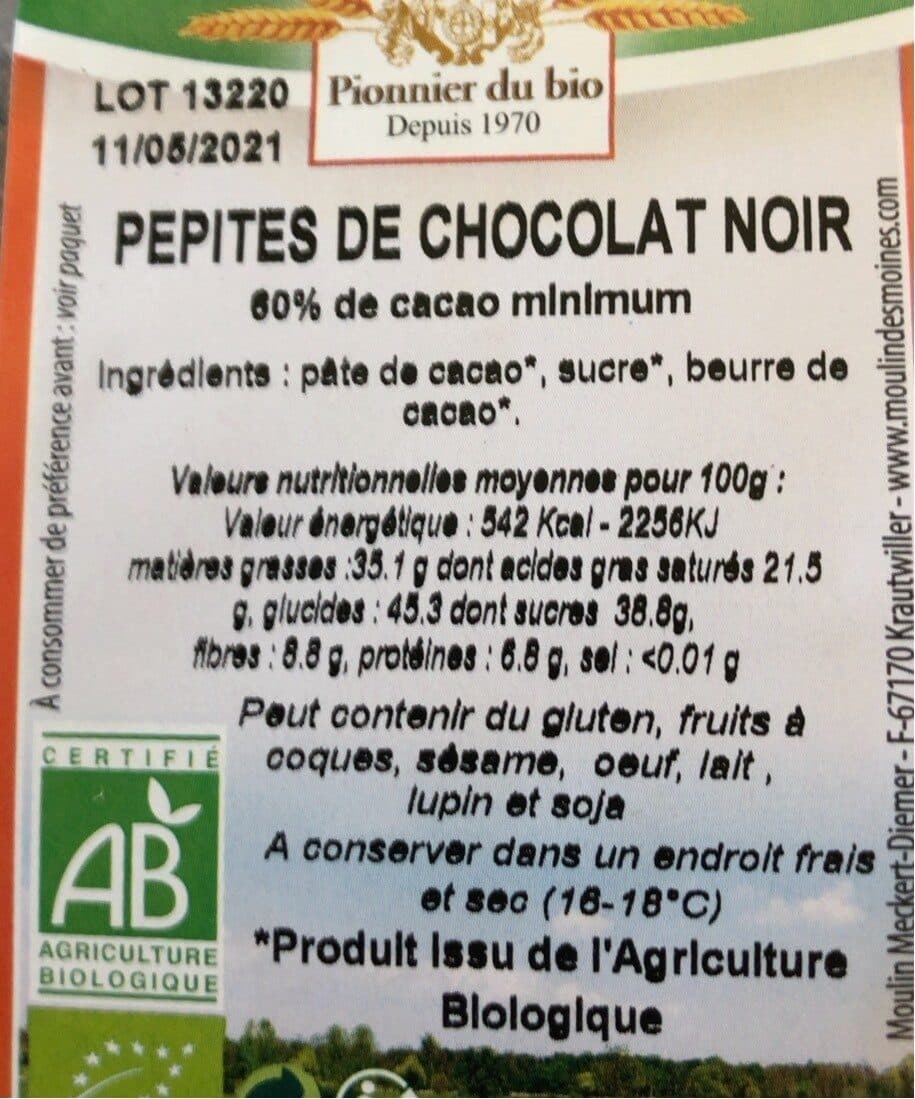 moulin des moines Pepites Chocolat Noir 60% packshot