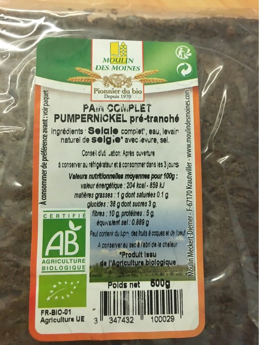 Moulin Des Moines Pain complet pumpernickel pré-tranché packshot