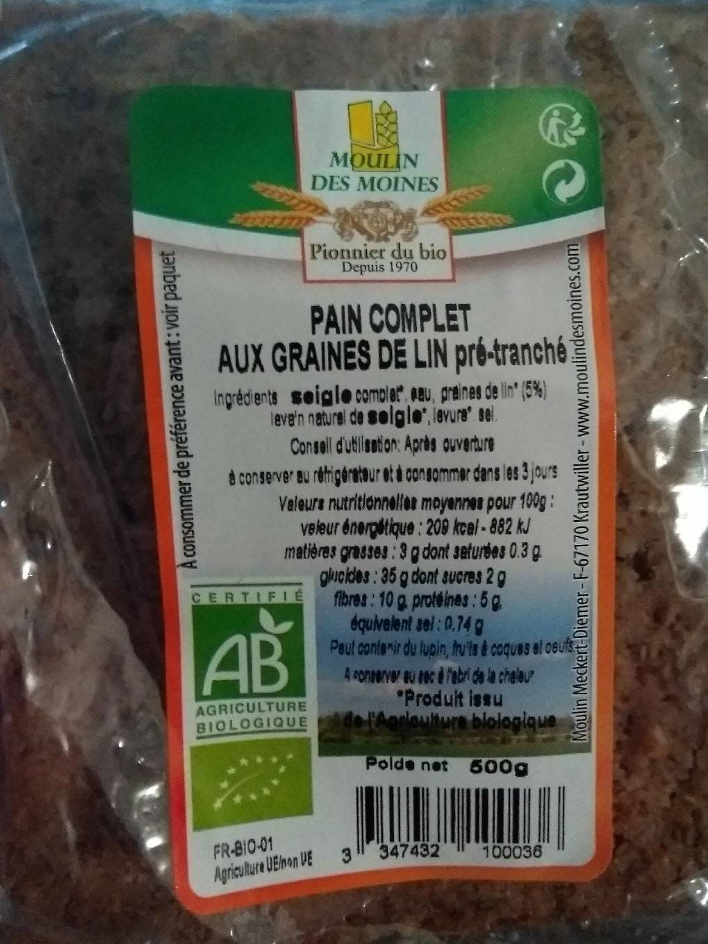 Moulin Des Moines Pain complet aux graines de lin pré-tranché packshot