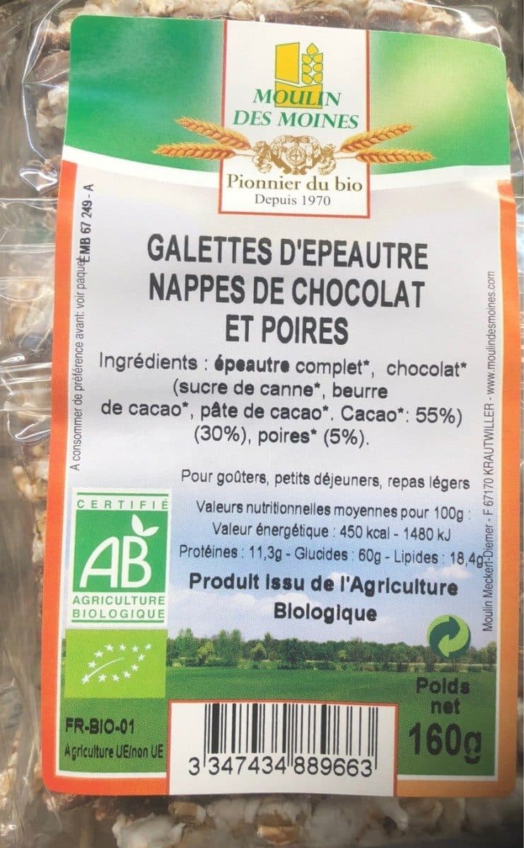 Moulin des moines Galettes d'épeautre nappées de chocolat et poires packshot