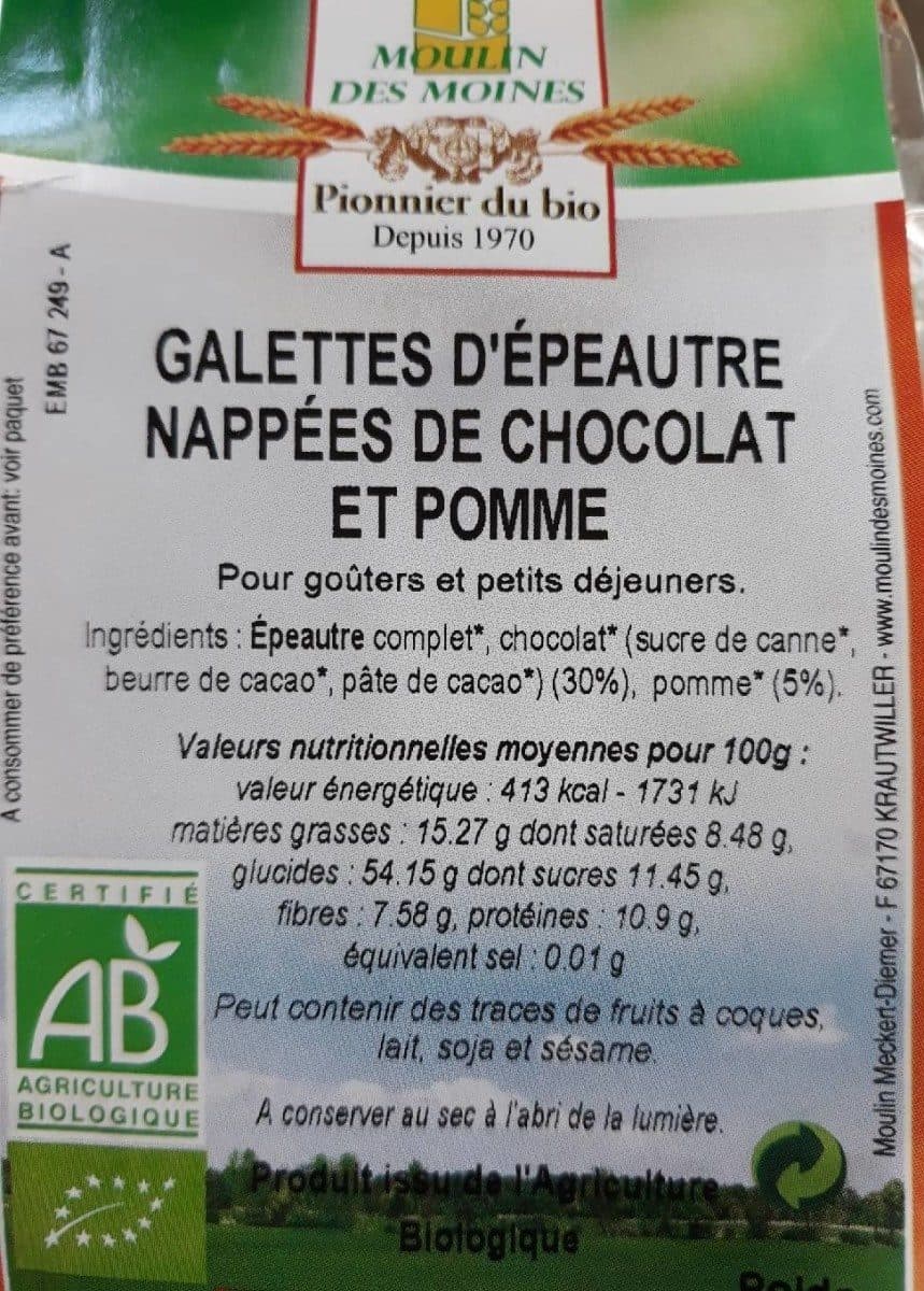 Moulin des moines Galettes d'épeautre nappées de chocolat et pomme packshot