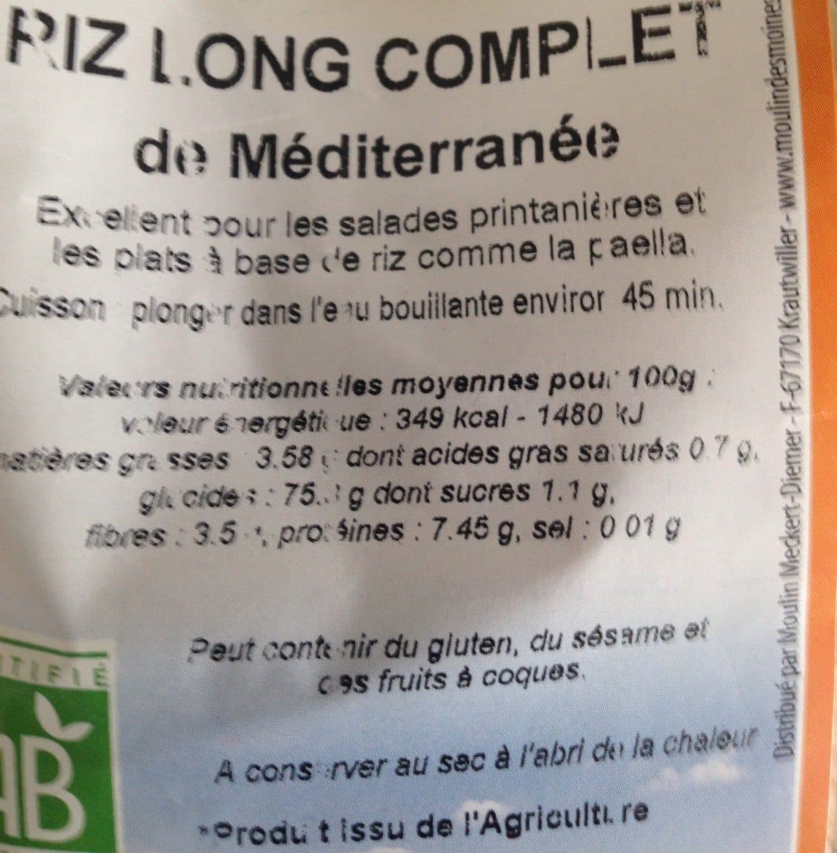 Moulin des moines Riz long complet de mediterranee packshot