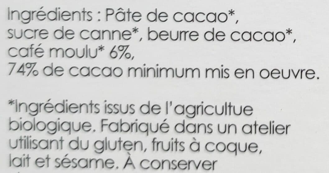 Moulin des moines Chocolat Noir au café 74% Cacao packshot
