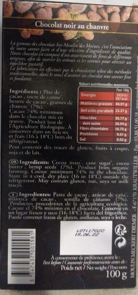 Moulin des moines Chocolat Noir Au Chanvre packshot