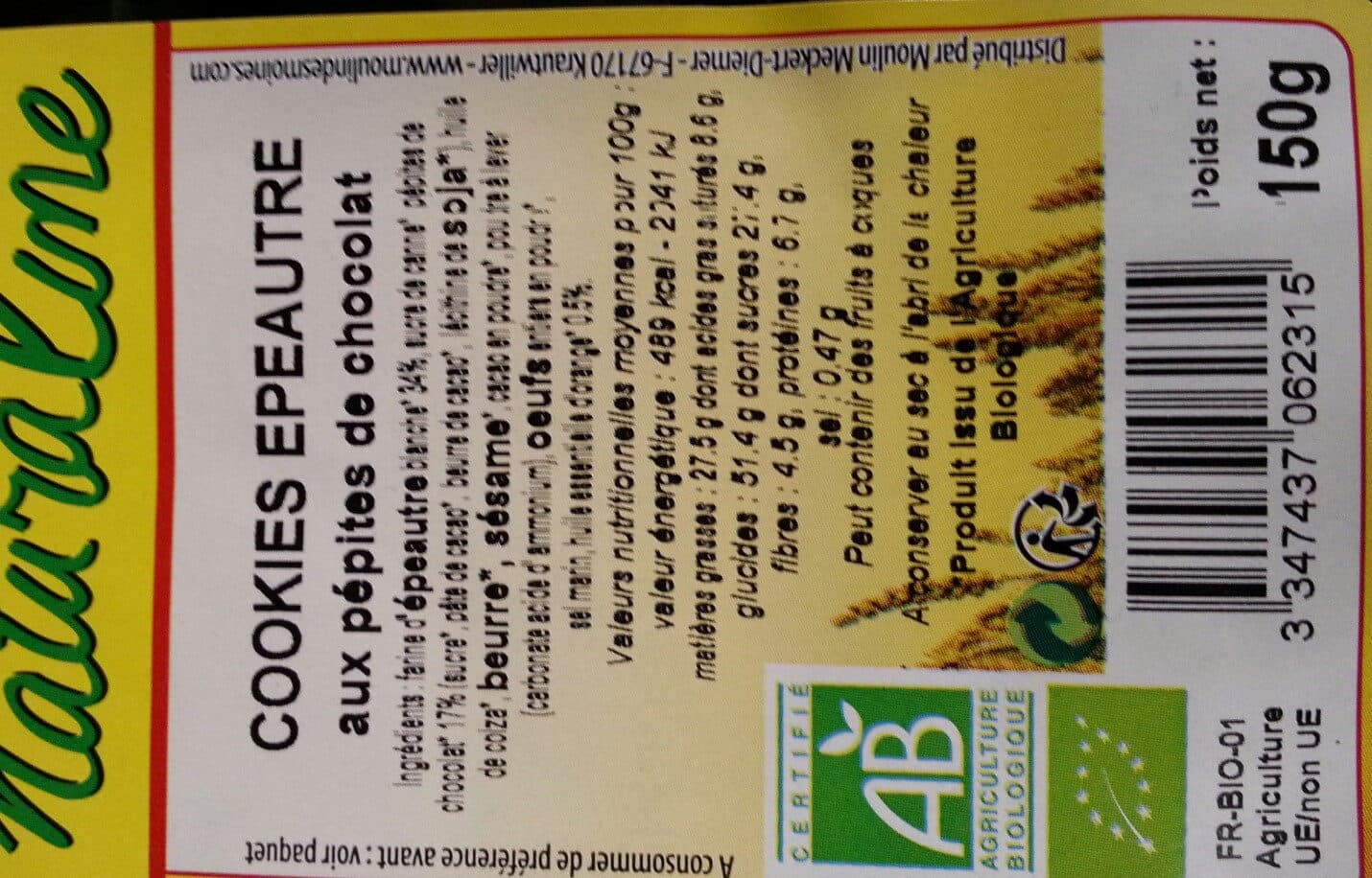 Moulin des moines Cookies D'epeautre Aux Pépites De Chocolat packshot