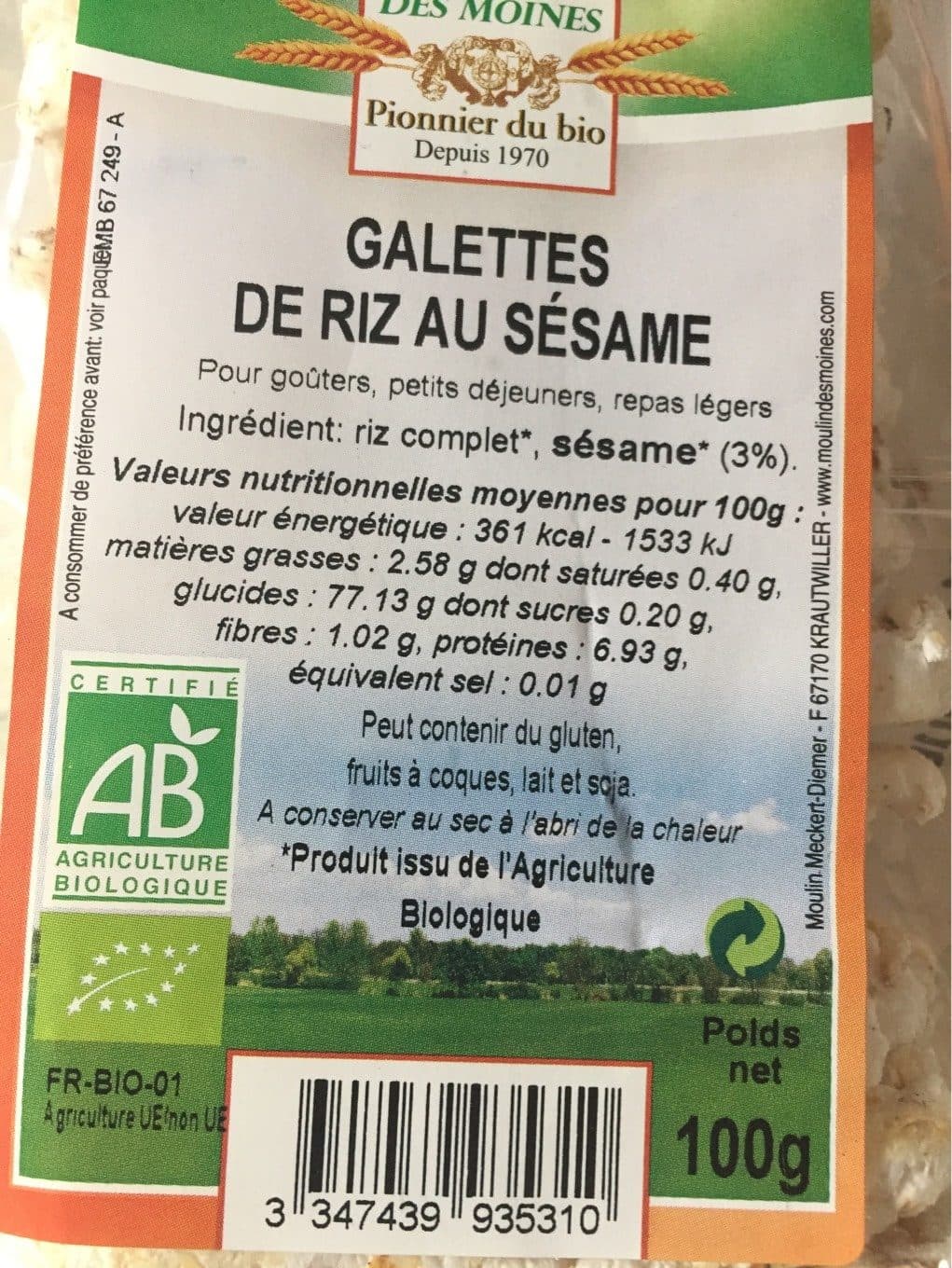 Moulin des moines Galettes de riz au sesame packshot