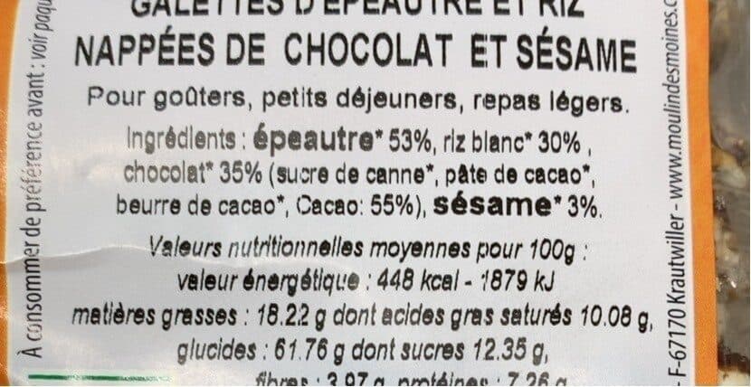 Moulin des moines Galettes d'épeautre et riz nappées de chocolat et de sésame packshot