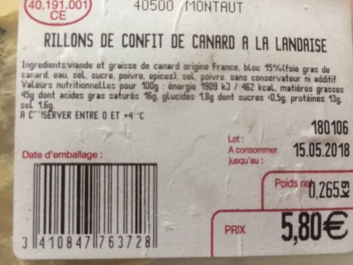 Open Food Facts rillon de confit de canard à la landaise packshot