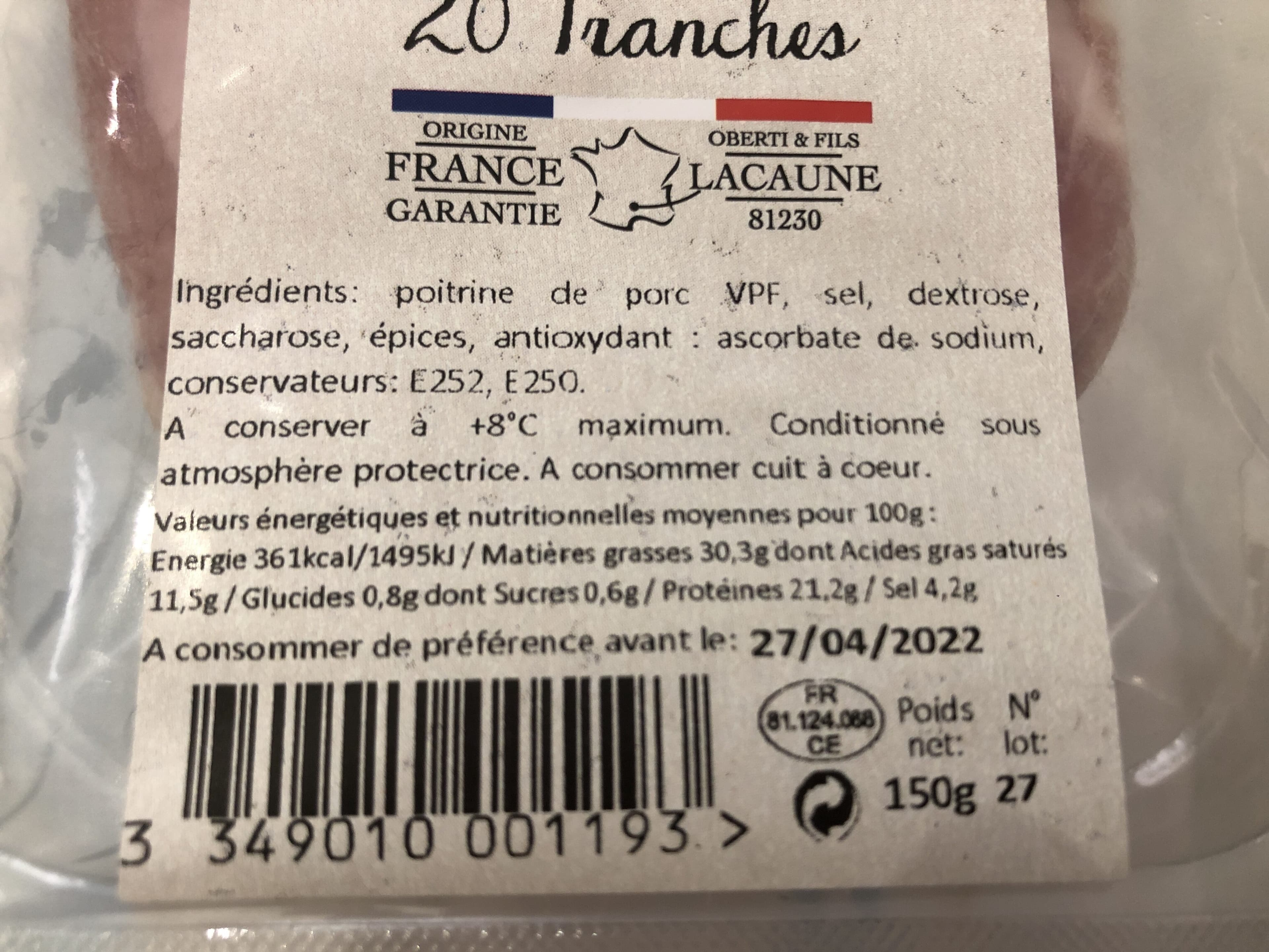 Open Food Facts Pancetta, Poitrine De Porc 0, 150 kg packshot