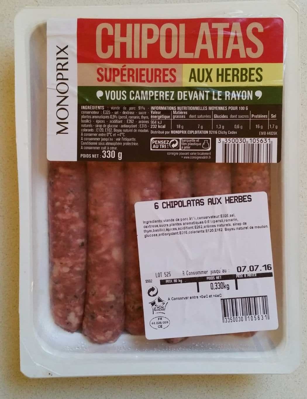 Monoprix Chipolatas supérieures aux herbes packshot