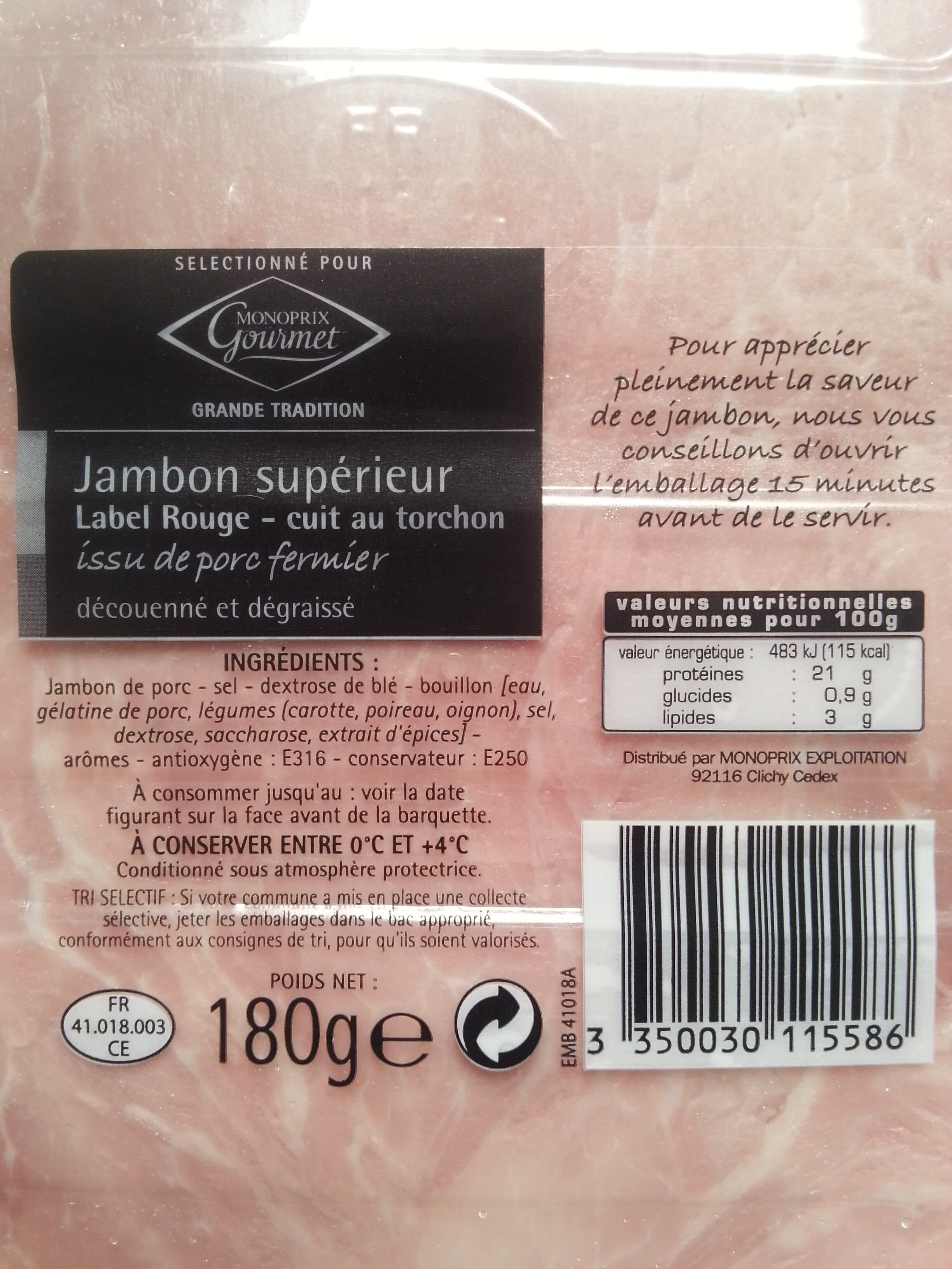 Monoprix Jambon supérieur cuit au torchon Label Rouge packshot