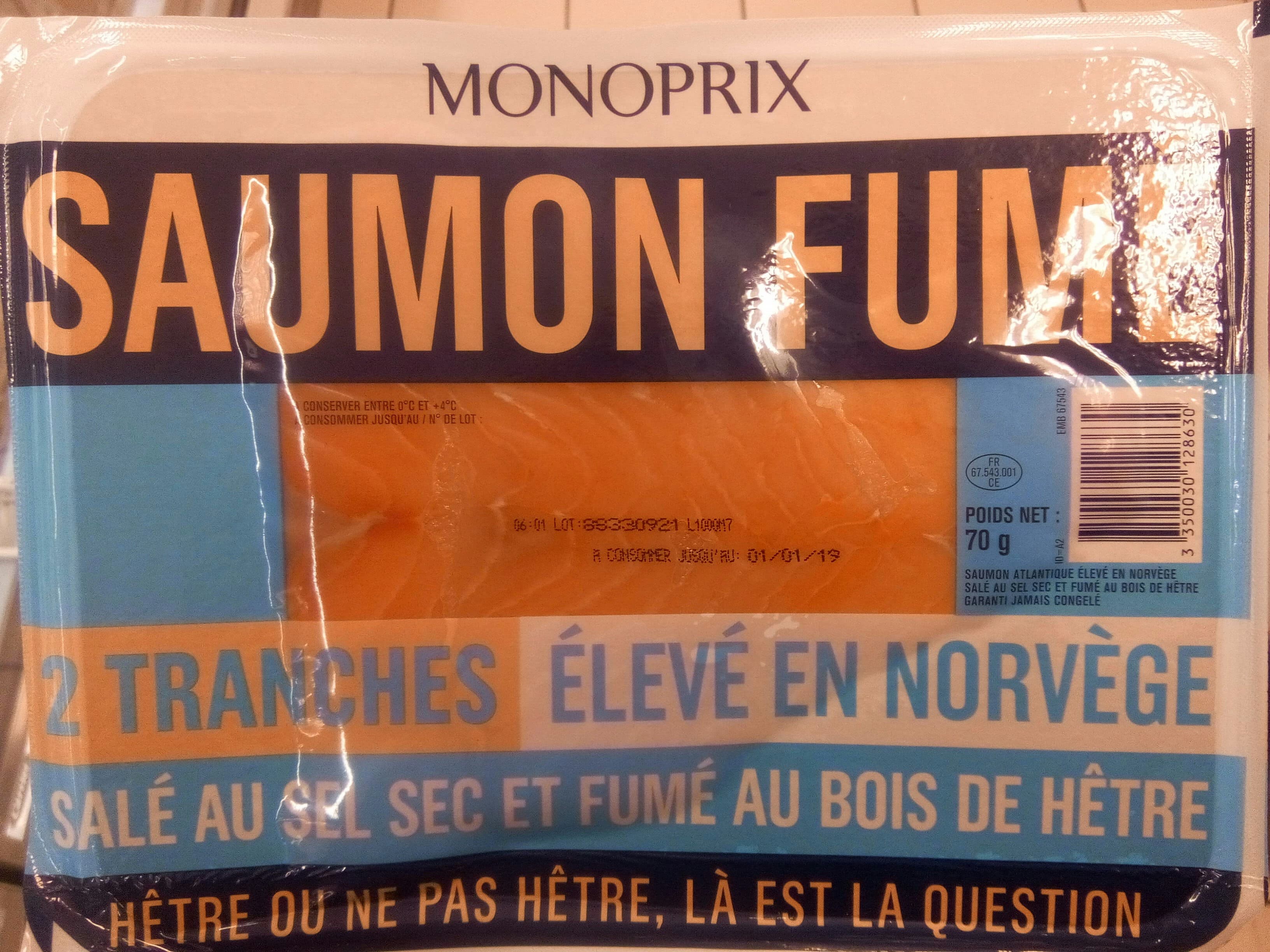 Monoprix Saumon Atlantique, fumé au bois de hêtre et salé au sel sec packshot