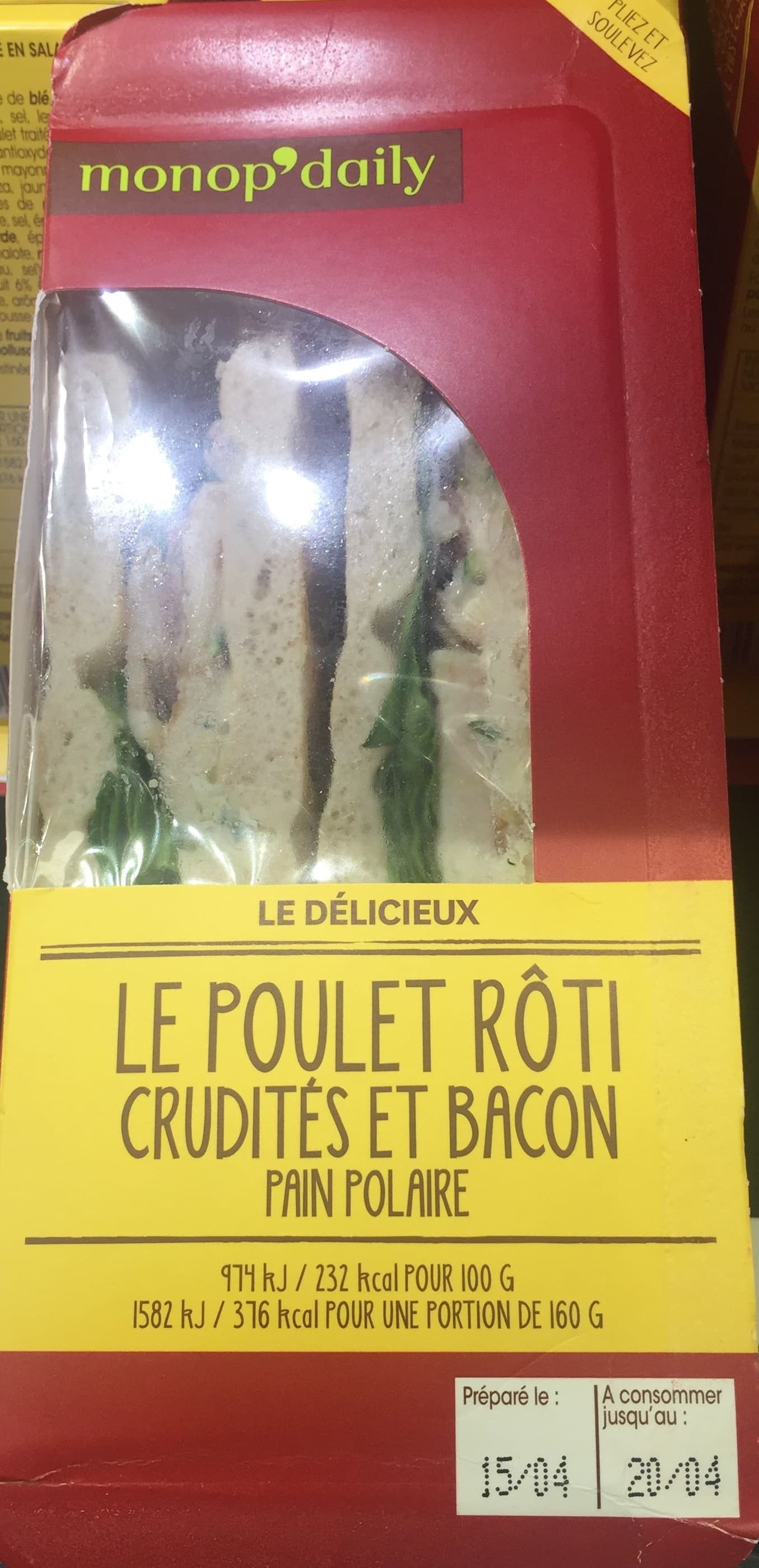 Monop'Daily Sandwich poulet roti crudité et bacon - pain polaire packshot