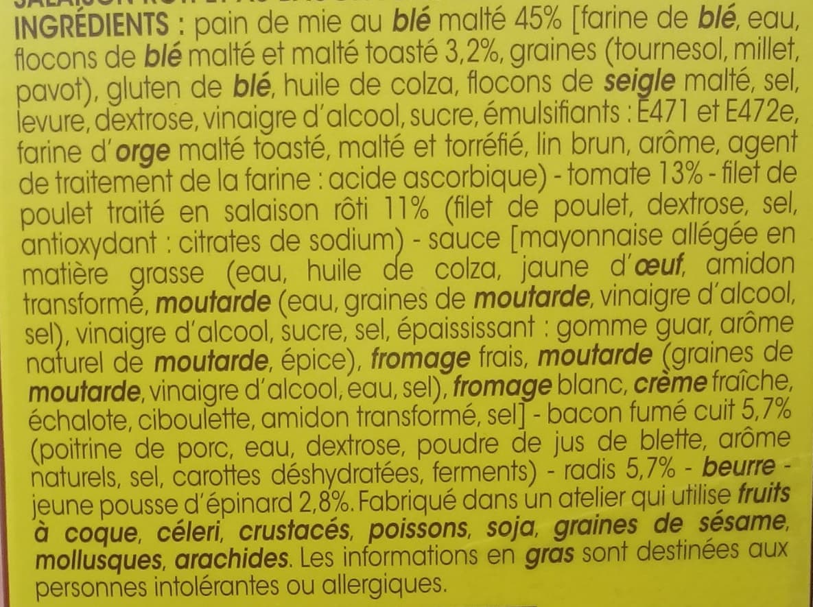 Monop'daily Le poulet rôti crudités et bacon pain de mie au blé malté packshot