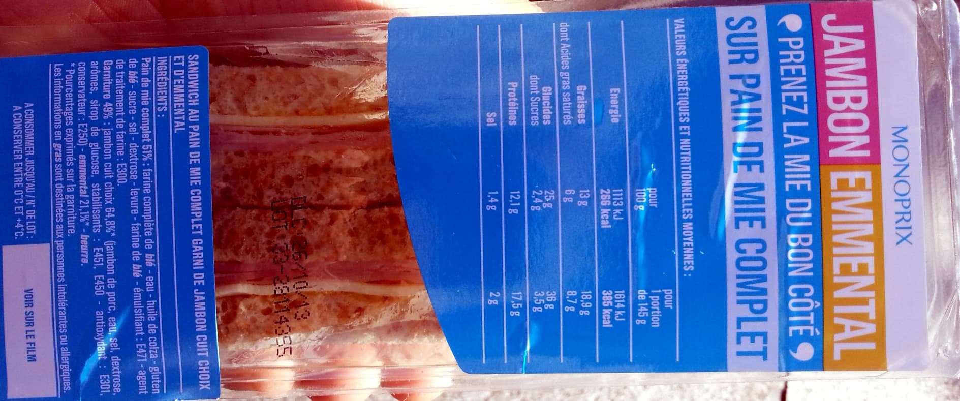 Monoprix Jambon emmental sur pain de mie complet packshot