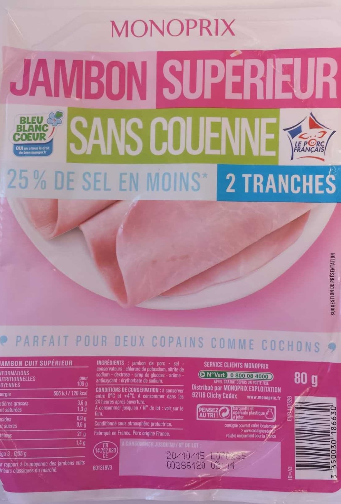 Monoprix Jambon supérieur sans couenne 25% de sel en moins packshot