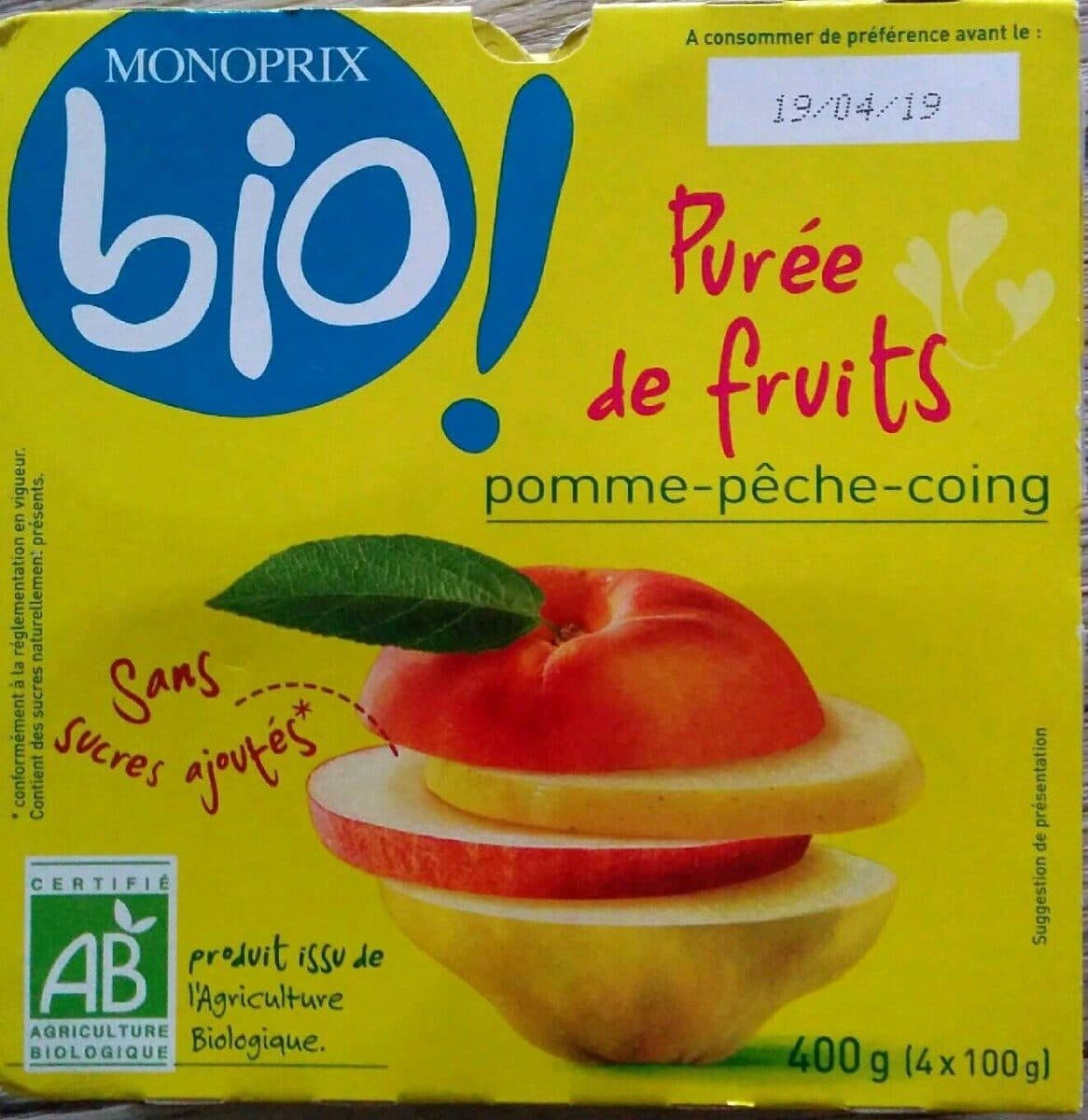 MONOPRIX BIO ! Purée de fruit pomme-pêche-coing packshot