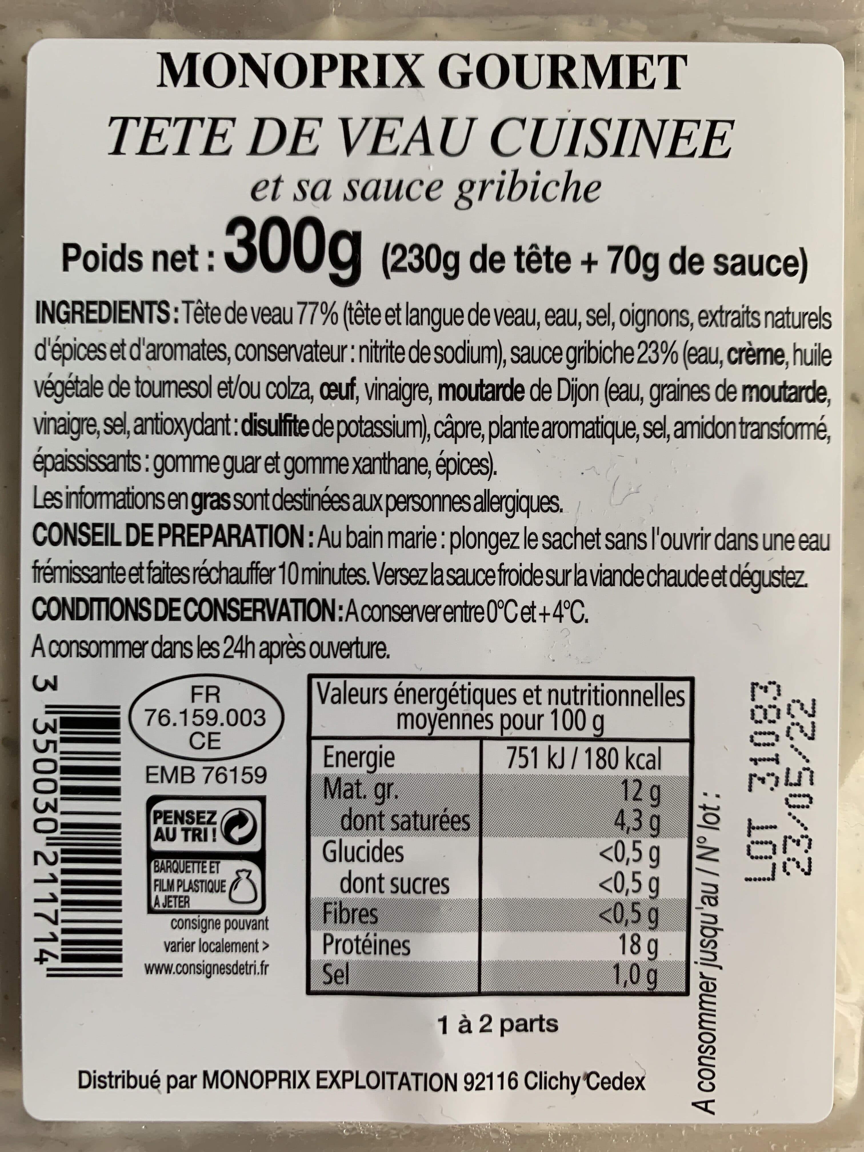 Monoprix Tête de veau cuisinée et sa sauce gribiche packshot